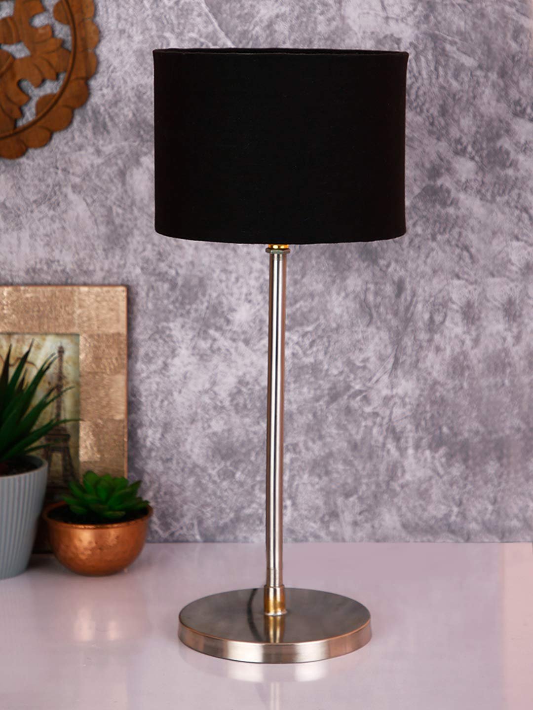 Drum Black Cotton Shade Table Lamp with Steel Base