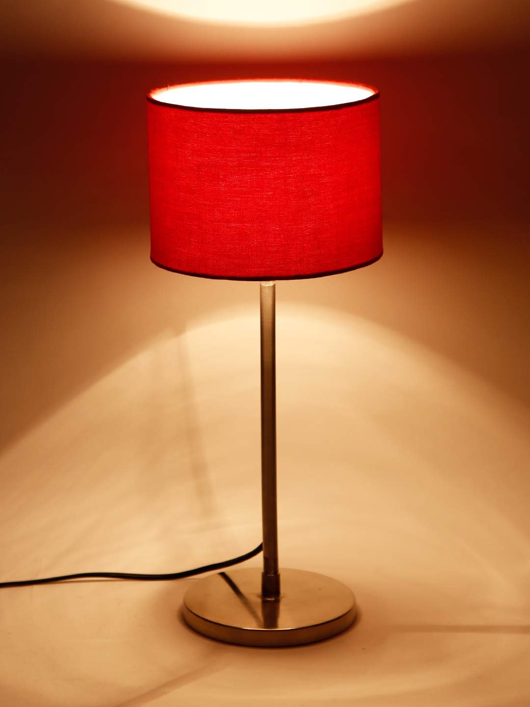 Drum Red Cotton Shade Table Lamp with Steel Base