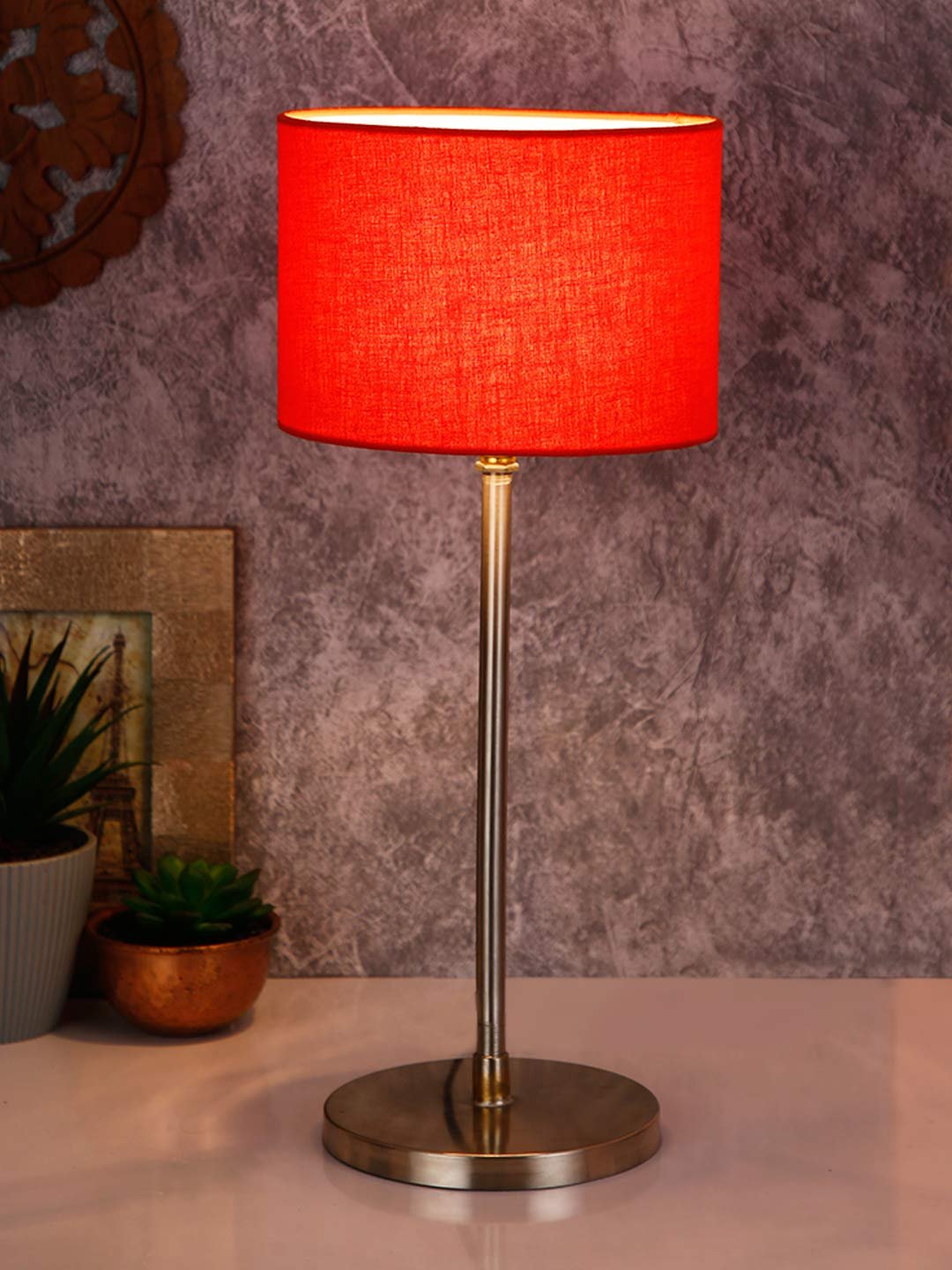 Drum Orange Cotton Shade Table Lamp with Steel Base