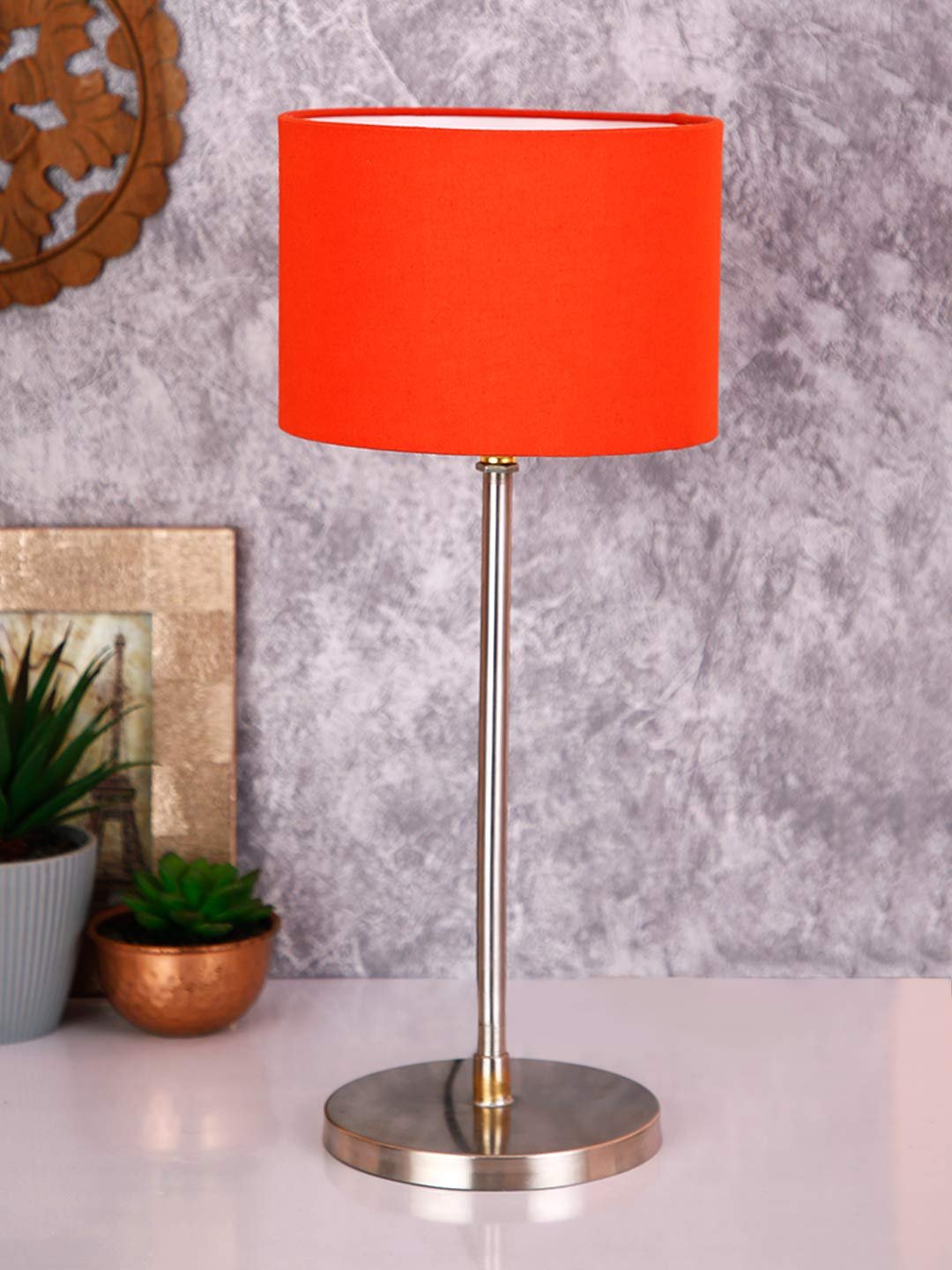 Drum Orange Cotton Shade Table Lamp with Steel Base