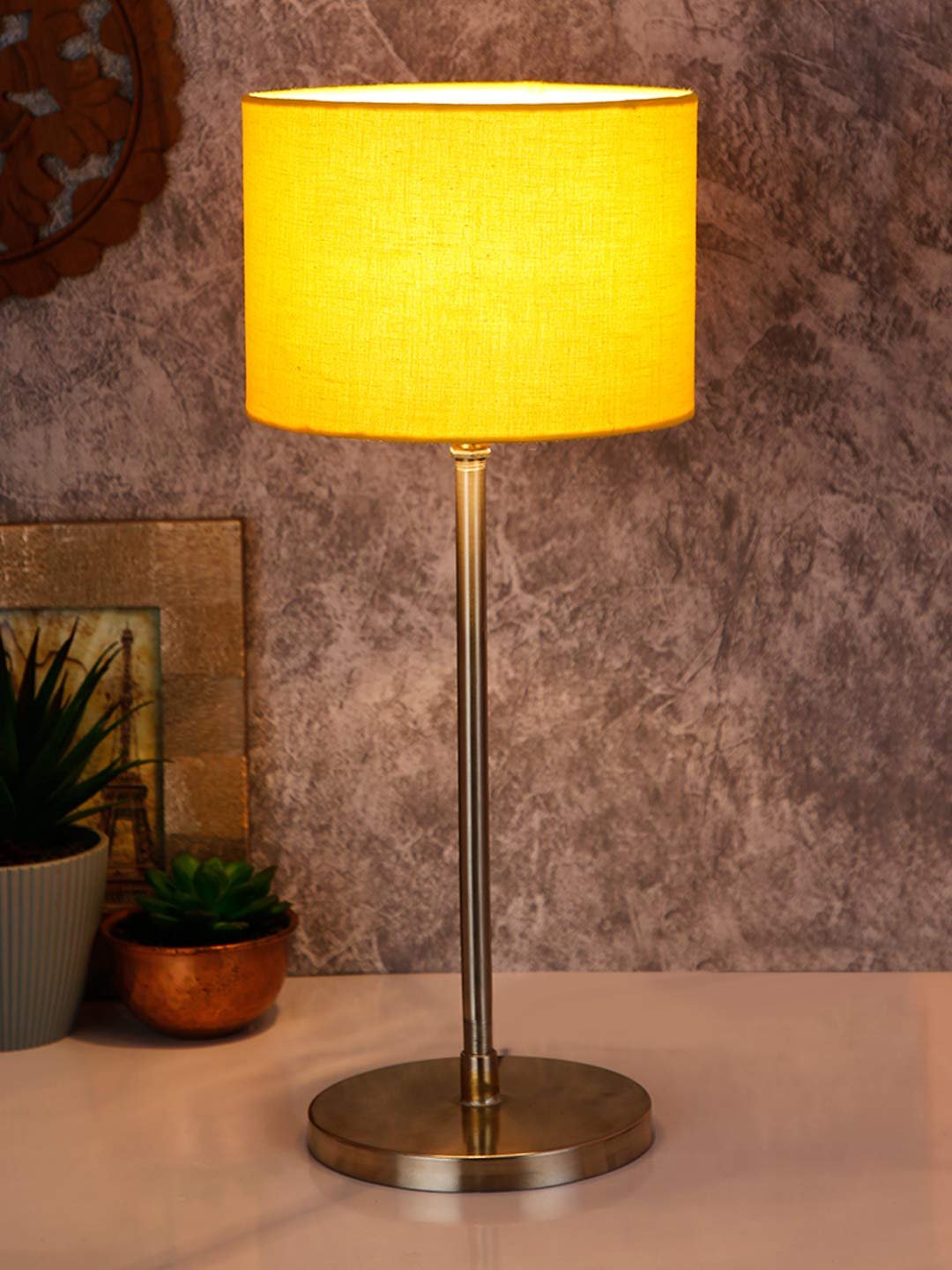 Drum Yellow Cotton Shade Table Lamp with Steel Base