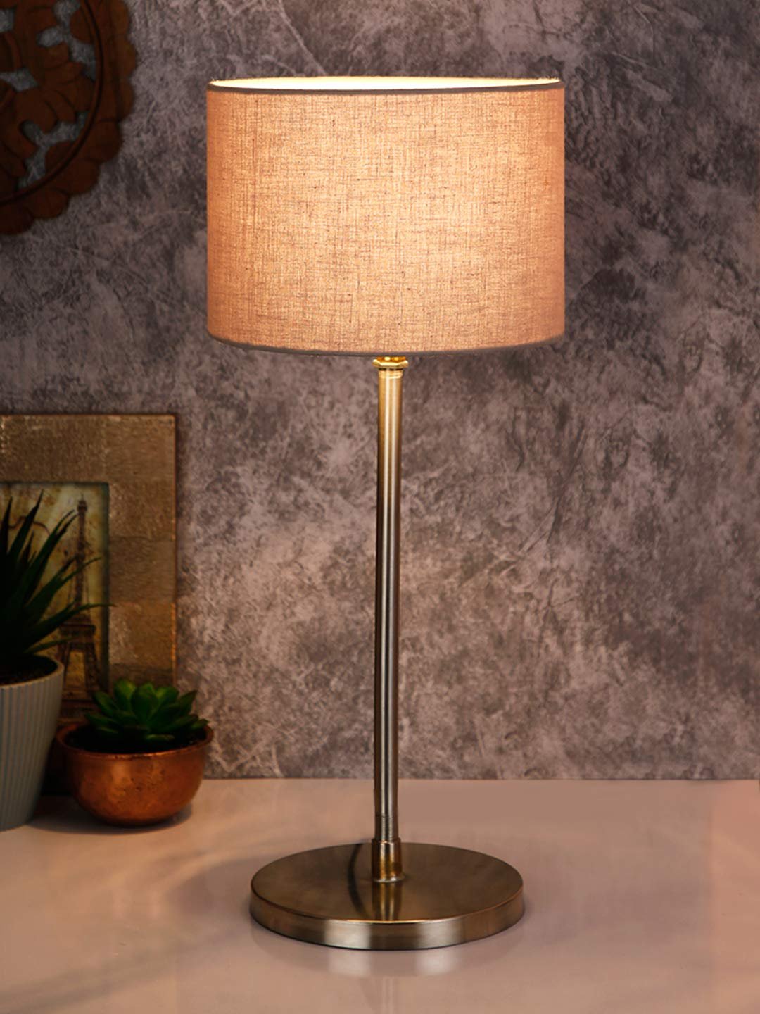 Drum Grey Cotton Shade Table Lamp with Steel Base