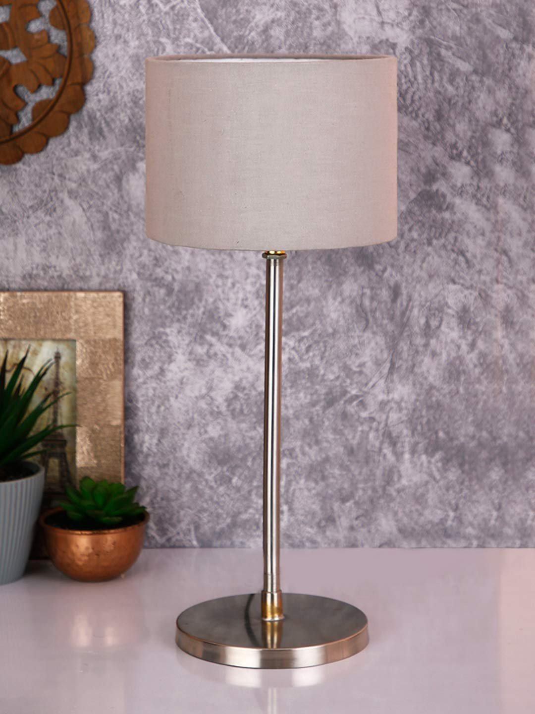 Drum Grey Cotton Shade Table Lamp with Steel Base