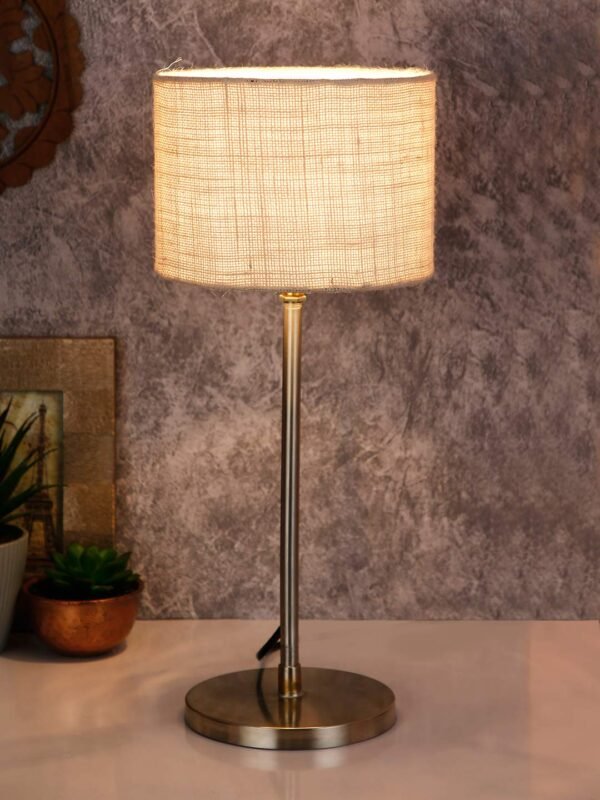 Drum White Jute Shade Table Lamp with Steel Base