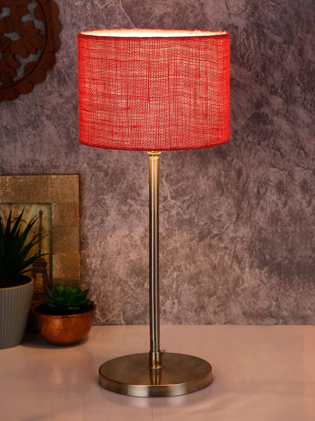 Drum Pink Jute Shade Table Lamp with Steel Base