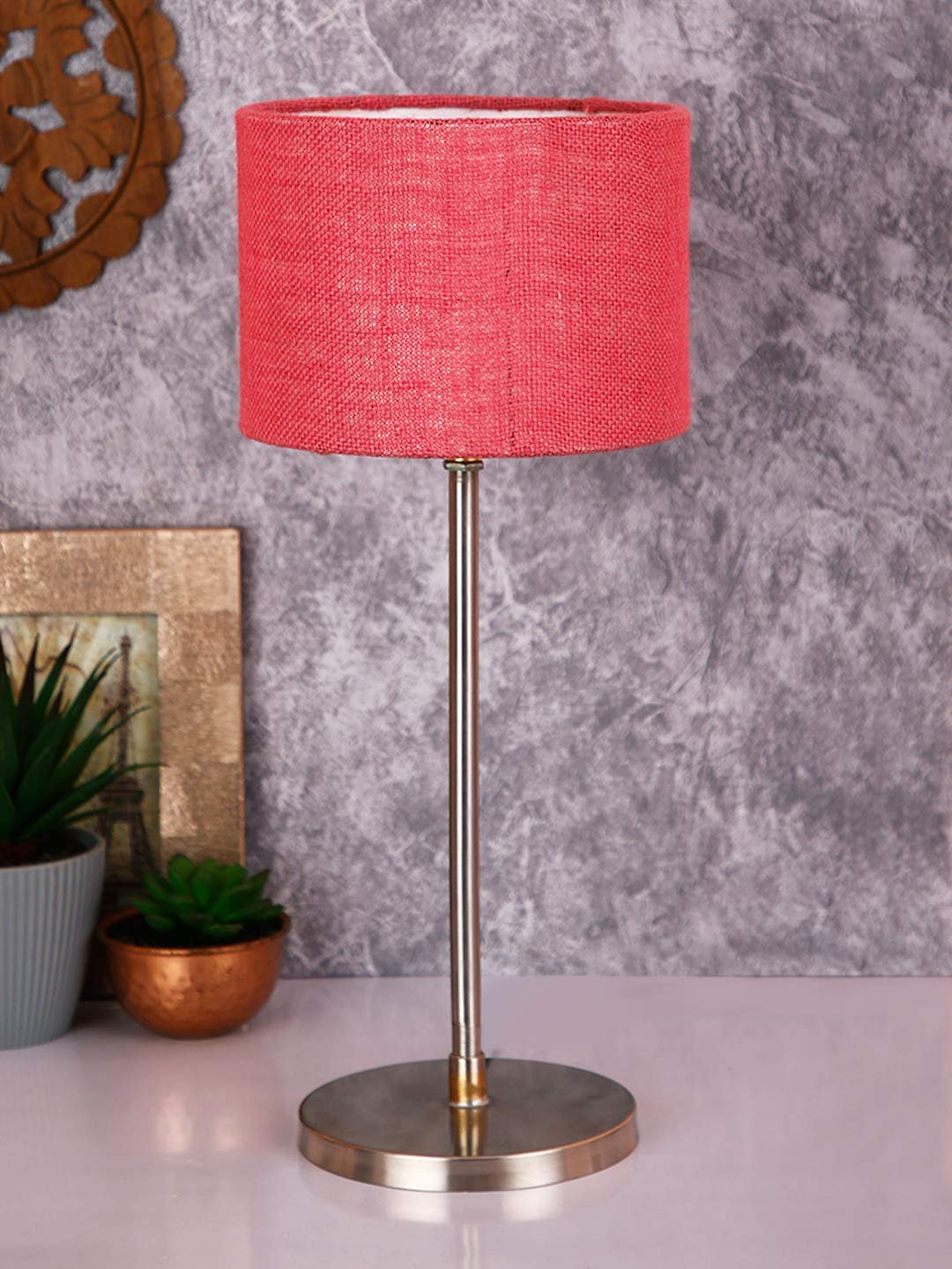 Drum Pink Jute Shade Table Lamp with Steel Base