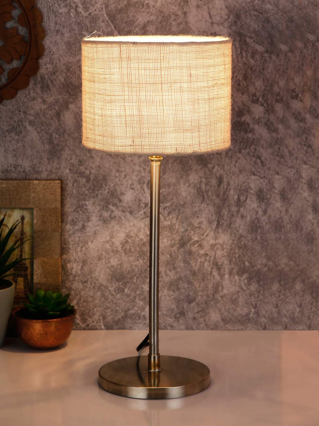 Drum Maroon Jute Shade Table Lamp with Steel Base