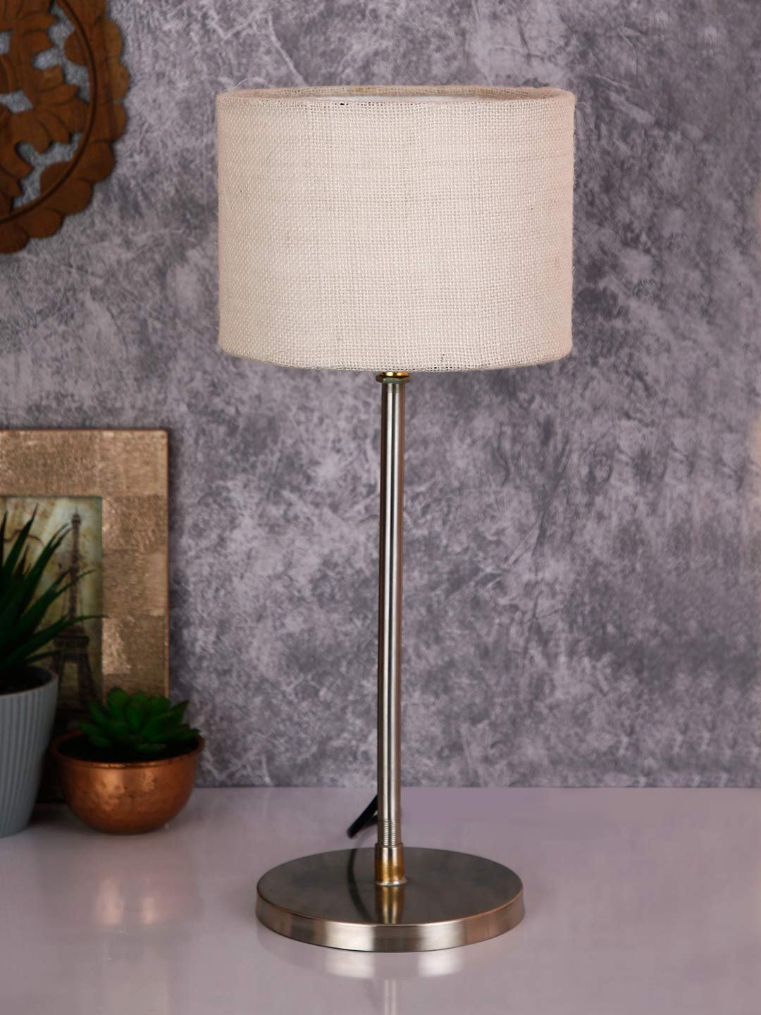 Drum Maroon Jute Shade Table Lamp with Steel Base