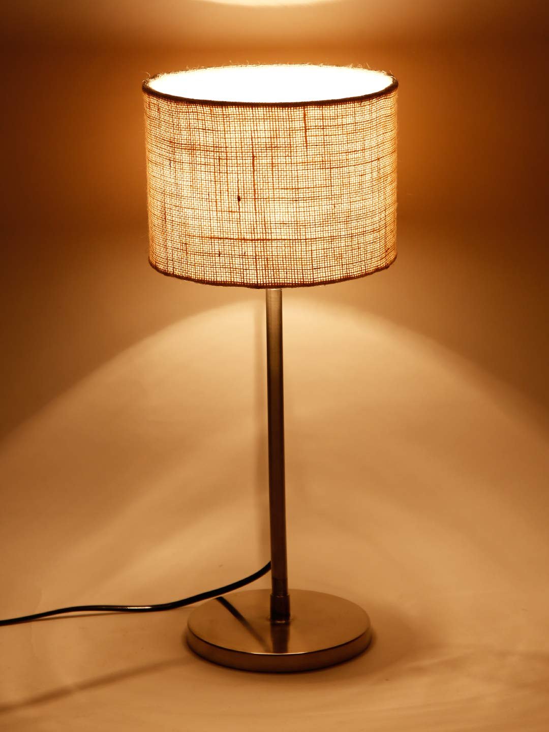 Drum Maroon Jute Shade Table Lamp with Steel Base