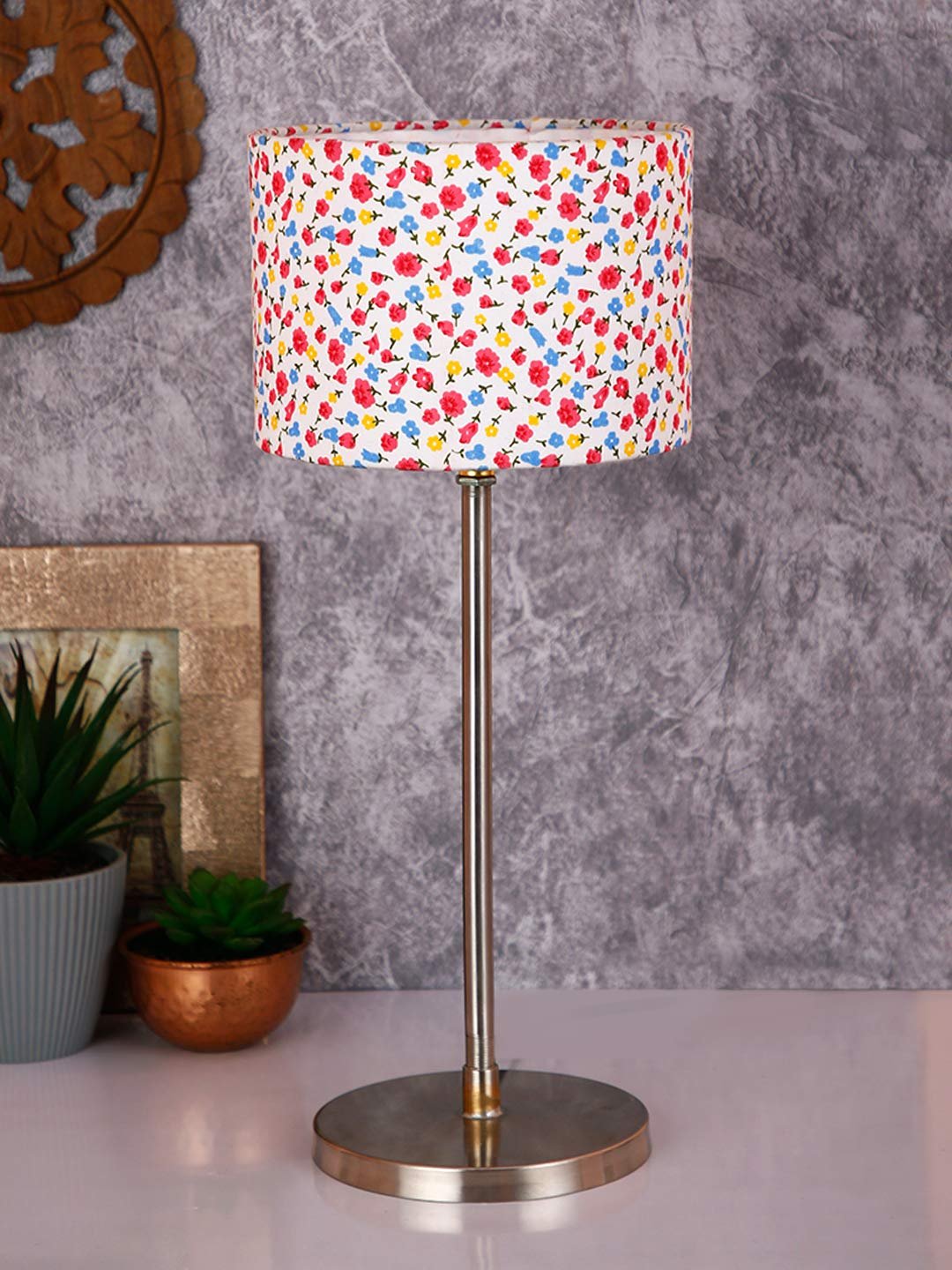 Drum Multicolor Cotton Shade Table Lamp with Steel Base