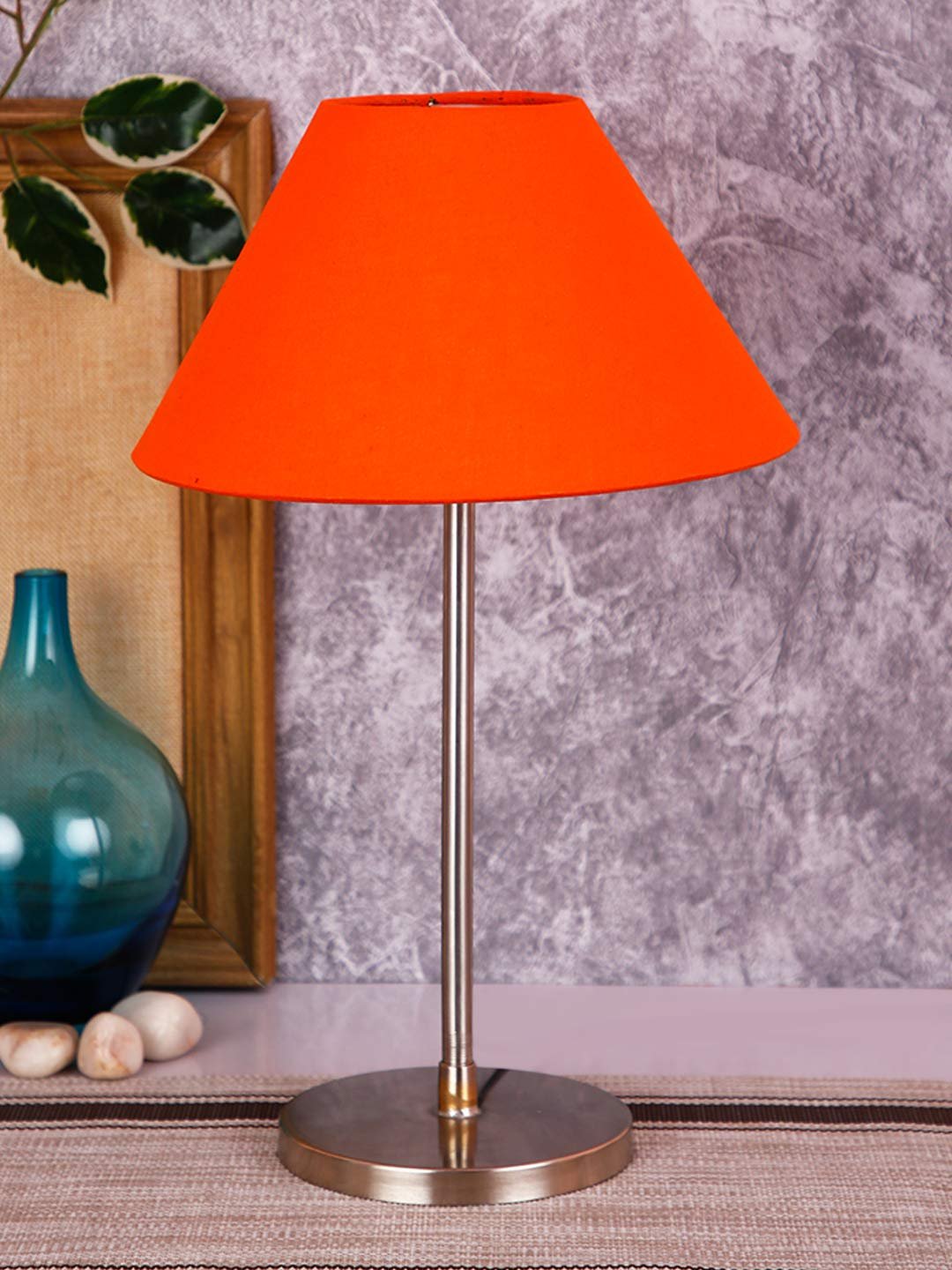 Conical Orange Cotton Shade Table Lamp with Steel Base