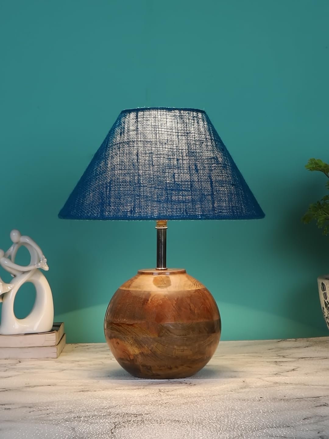 Turquoise Jute with Natural Wood Table Lamp
