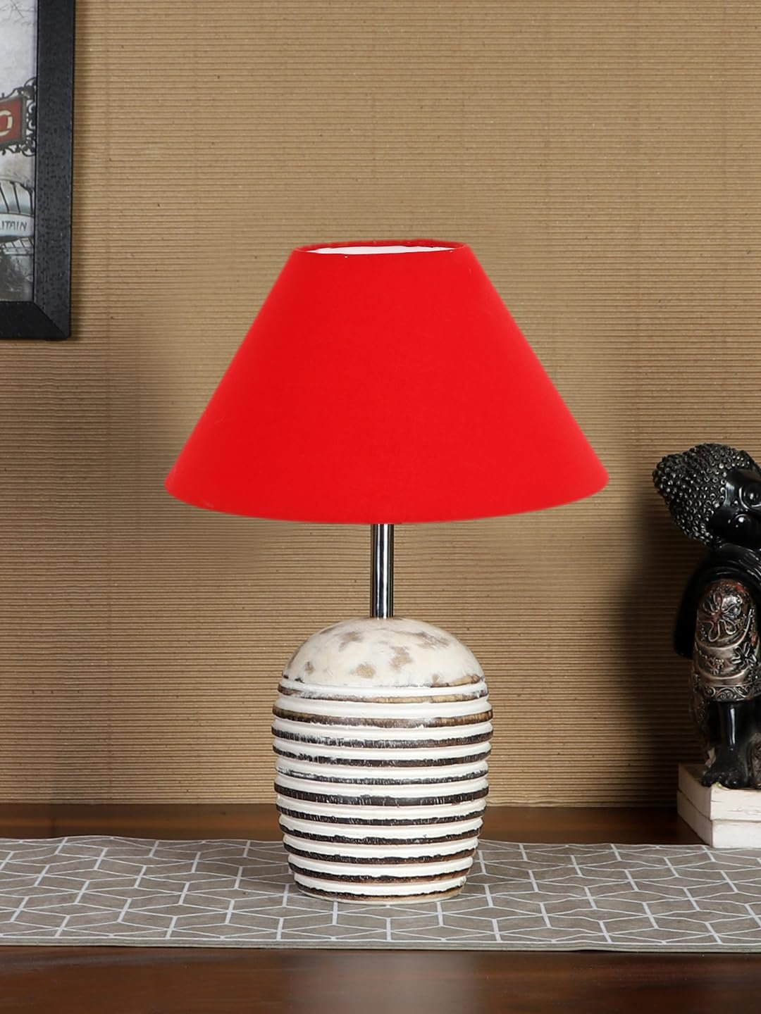 Red Cotton with White Brushed Wood Table Lamp