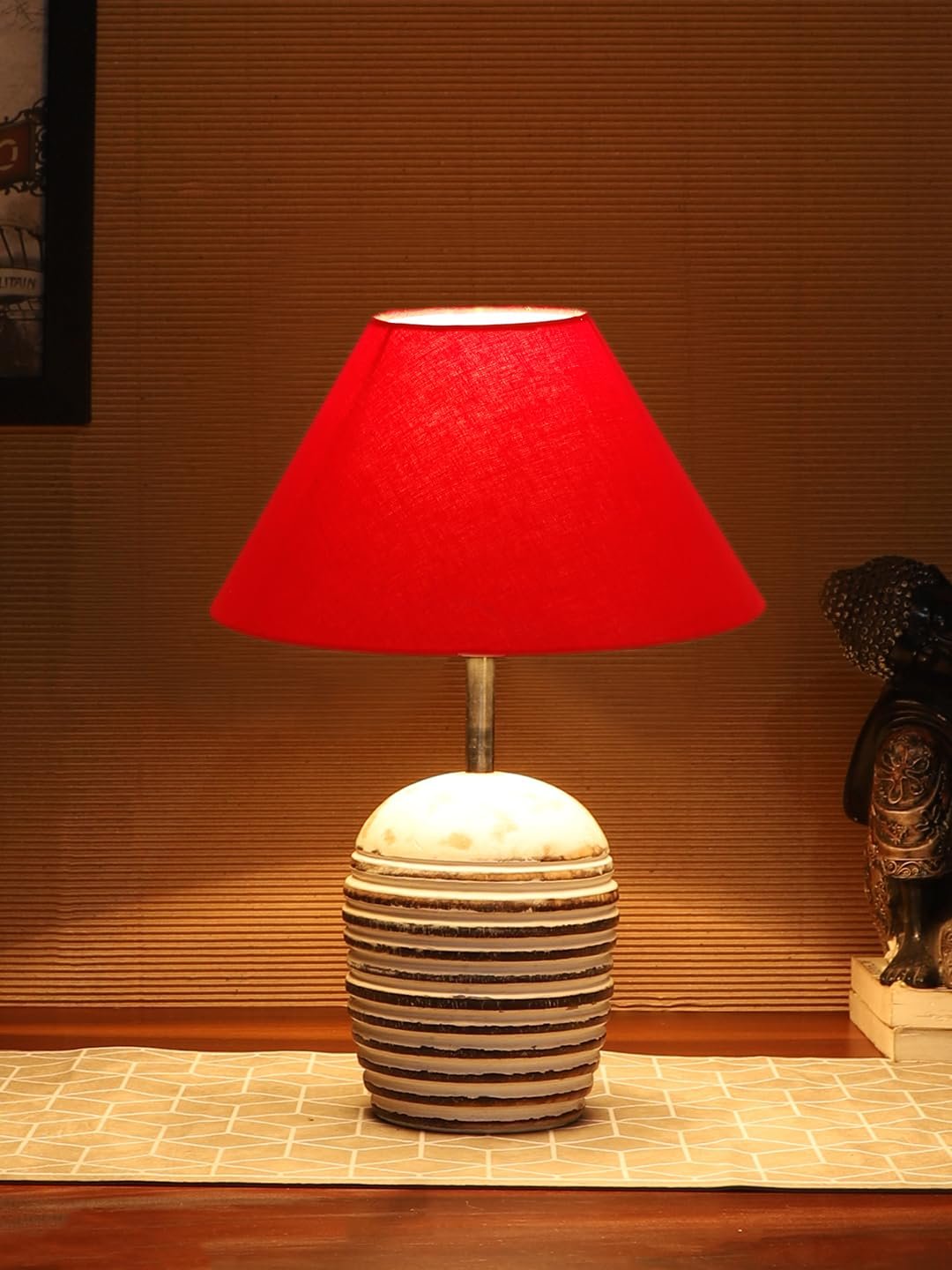 Red Cotton with White Brushed Wood Table Lamp