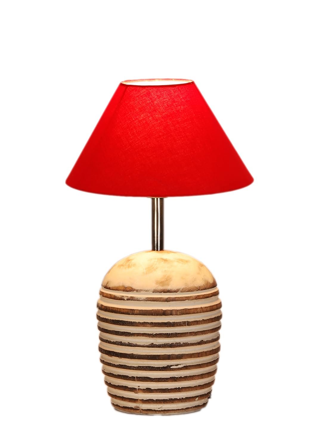 Red Cotton with White Brushed Wood Table Lamp