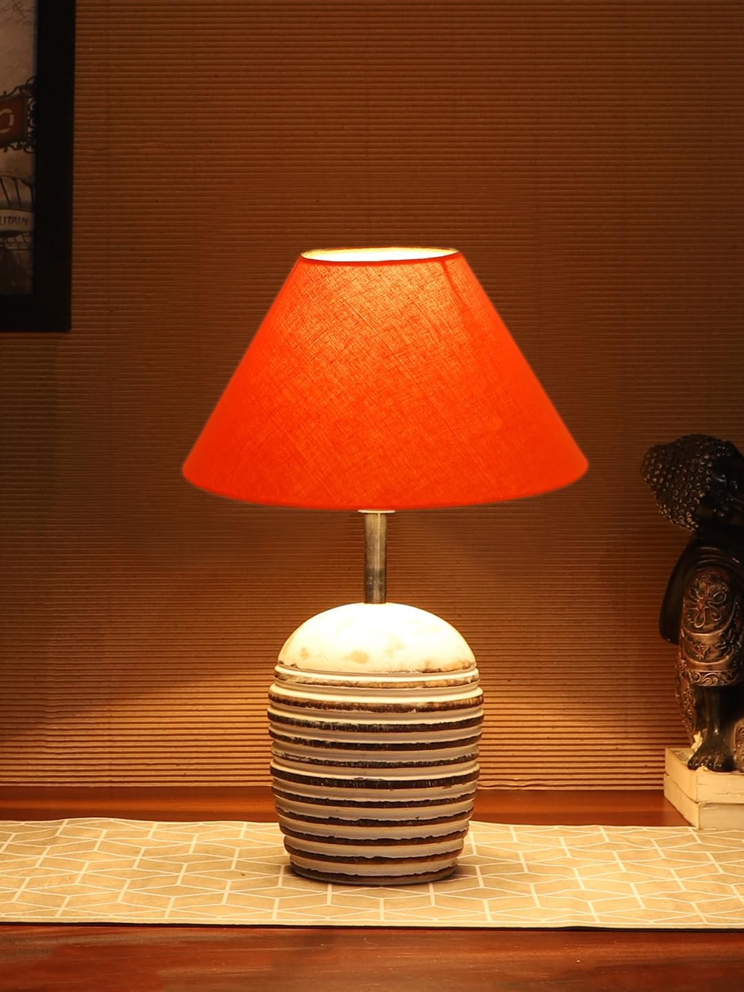 Orange Cotton with White Brushed Wood Table Lamp