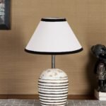 White & Black Cotton with White Brushed Wood Table LED Lamp