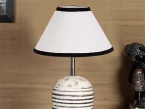 White & Black Cotton with White Brushed Wood Table LED Lamp