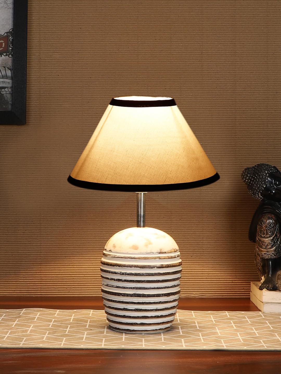 White & Black Cotton with White Brushed Wood Table LED Lamp
