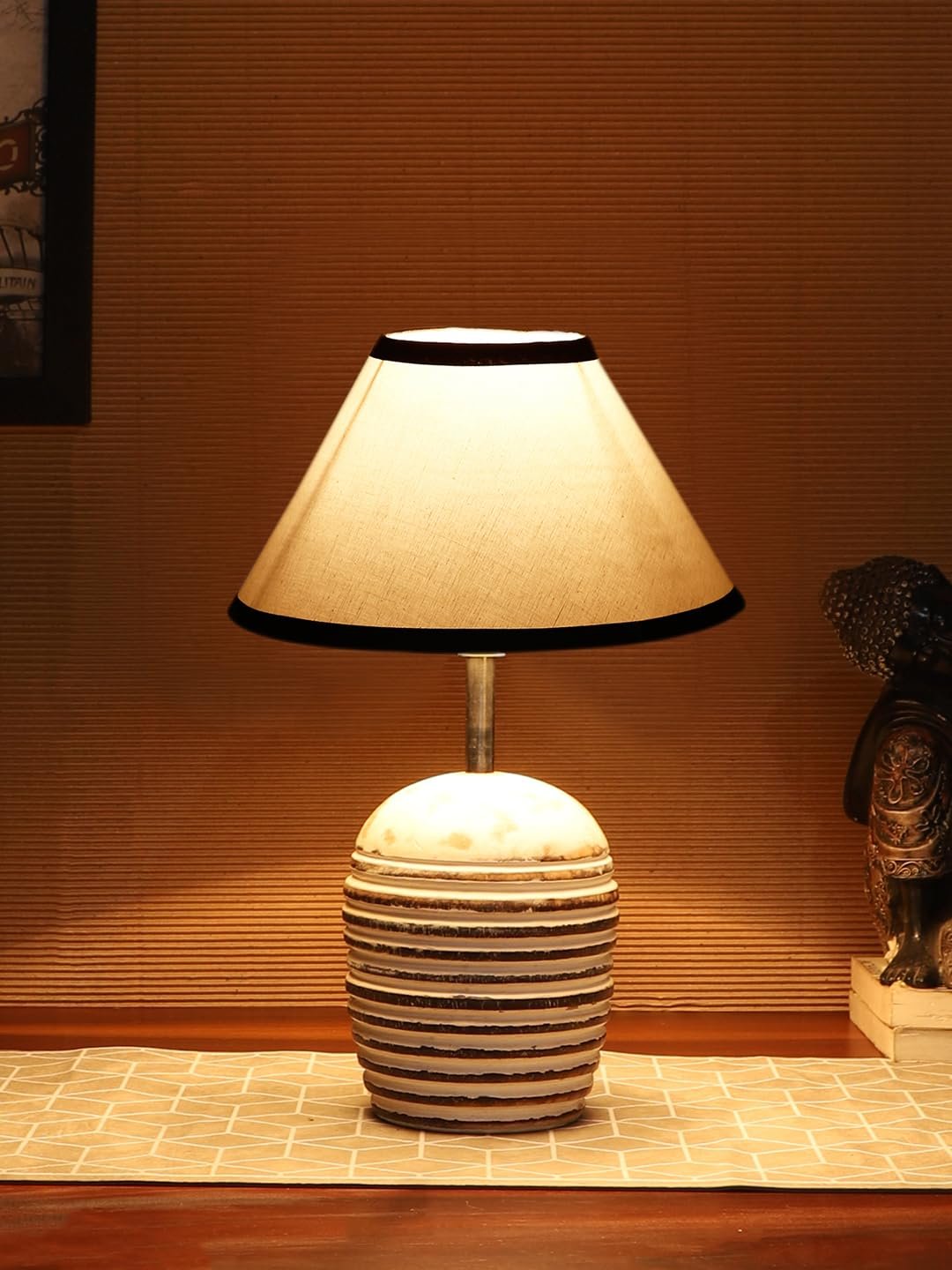 White & Black Cotton with White Brushed Wood Table LED Lamp