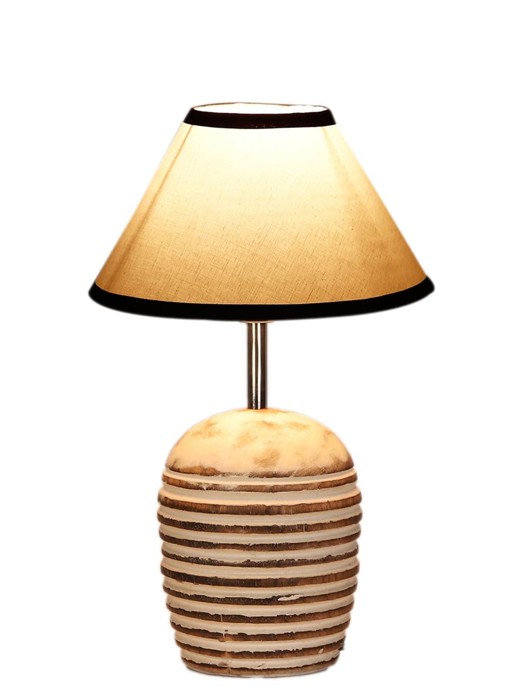 White & Black Cotton with White Brushed Wood Table LED Lamp