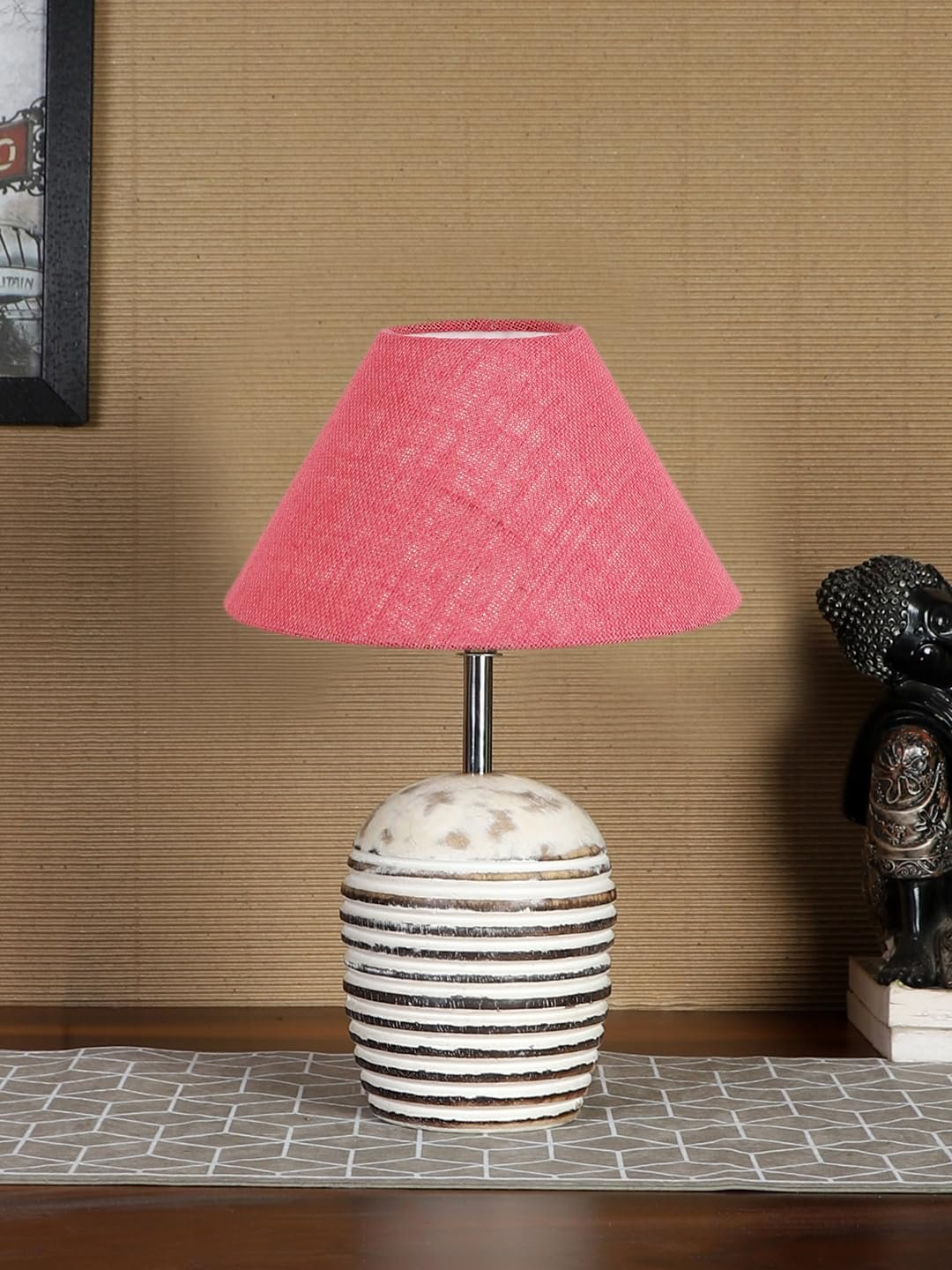 Pink Jute with White Brushed Wood Table Lamp