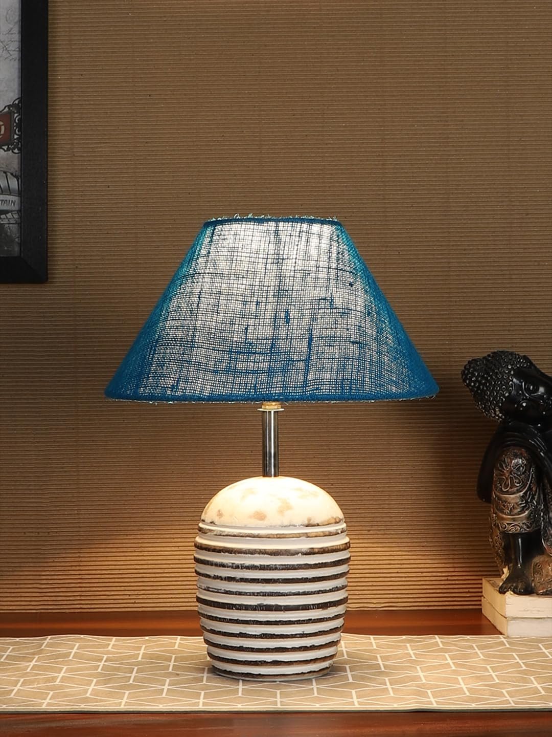 Turquoise Jute with White Brushed Wood Table Lamp