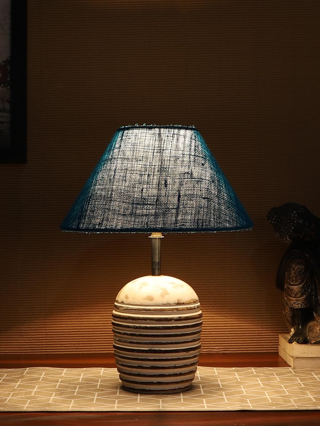 Turquoise Jute with White Brushed Wood Table Lamp