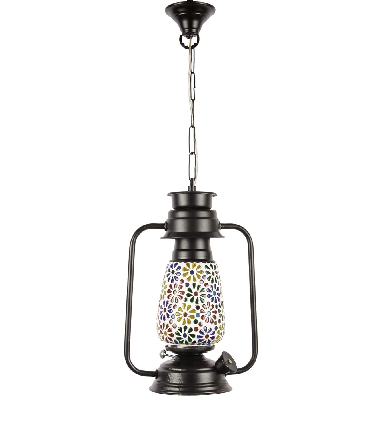 Black Mosiac Glass Lantern Hanging (Multicolour)