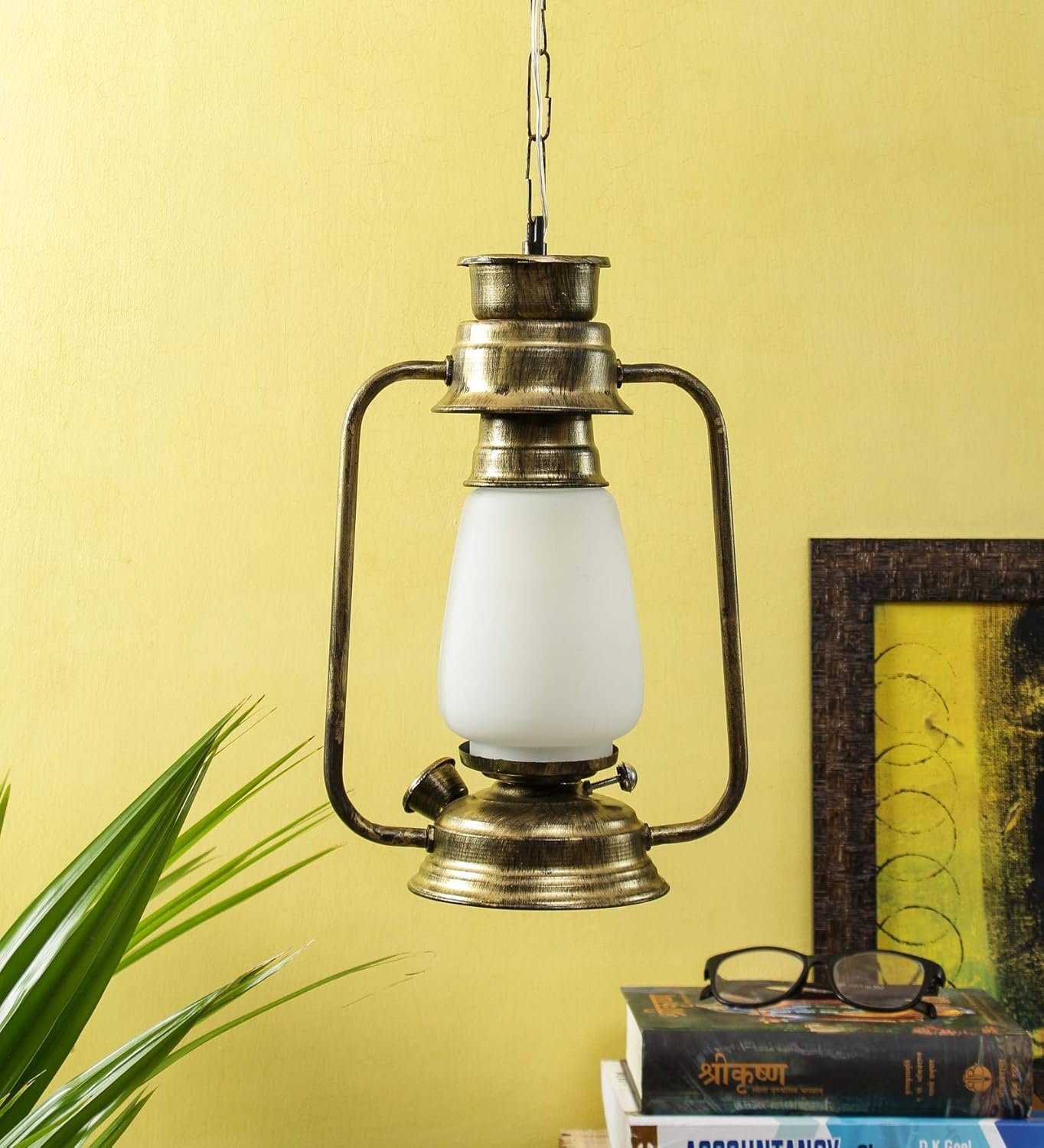 Golden Milky Glass Lantern Hanging (White)