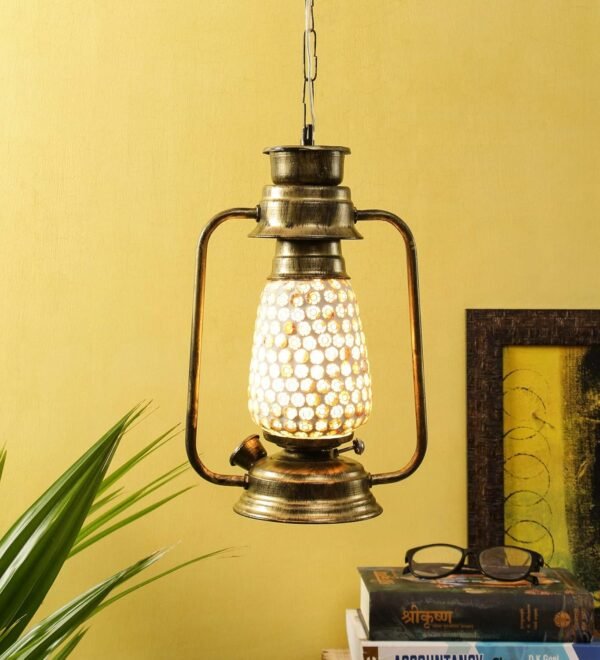 Golden Mosaic Glass Lantern Hanging (Multicolor)