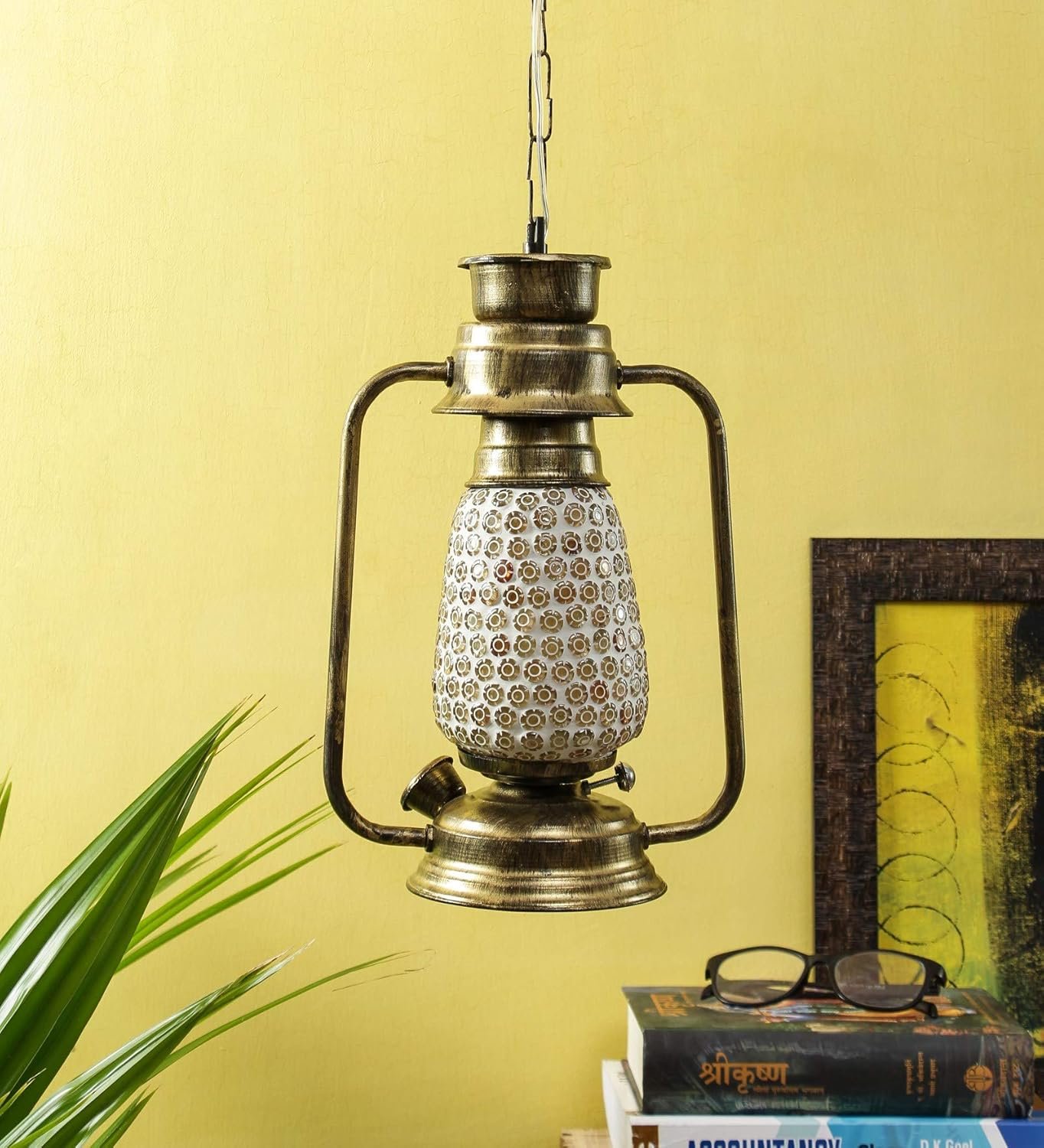 Golden Mosaic Glass Lantern Hanging (Multicolor)