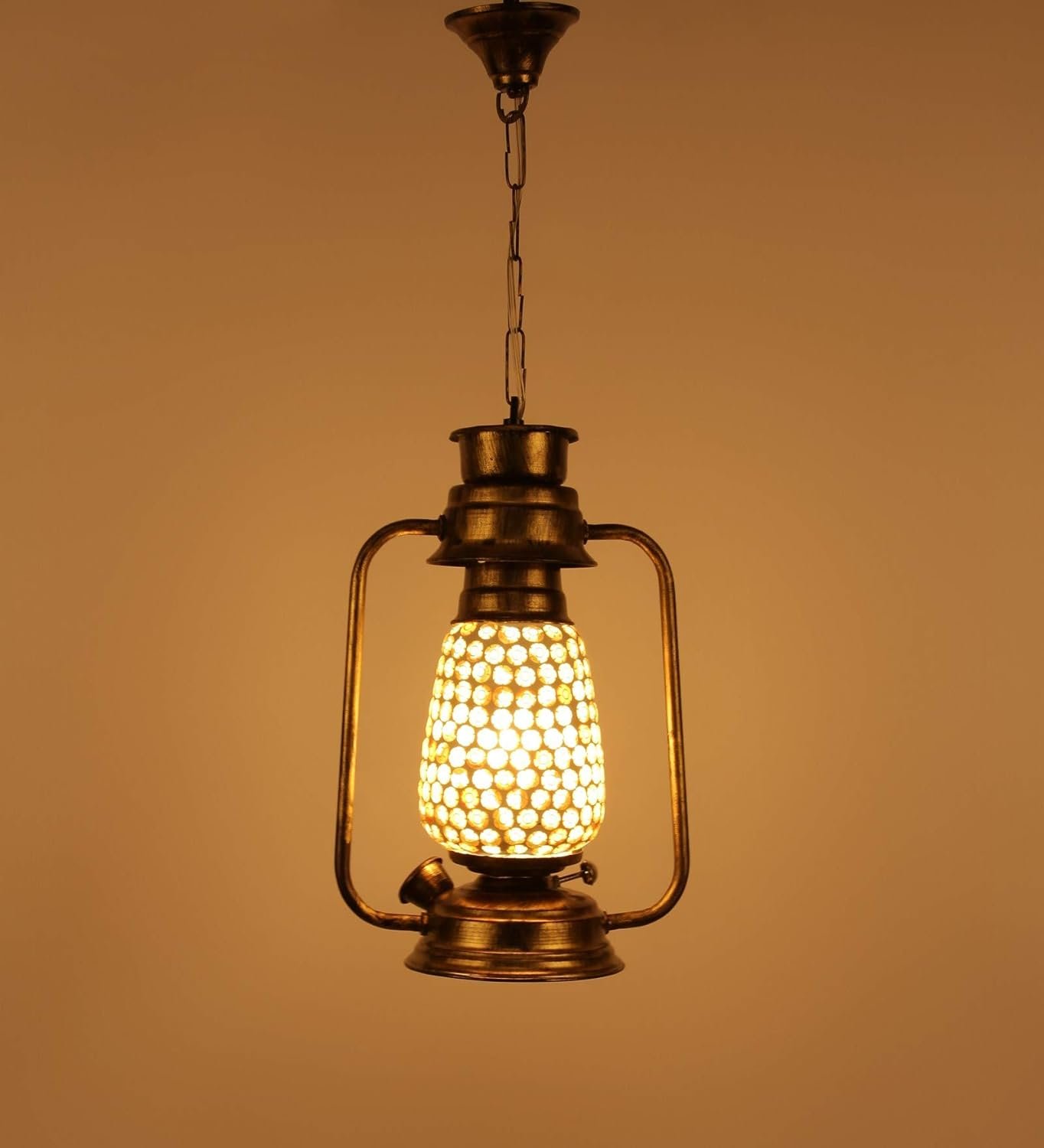 Golden Mosaic Glass Lantern Hanging (Multicolor)