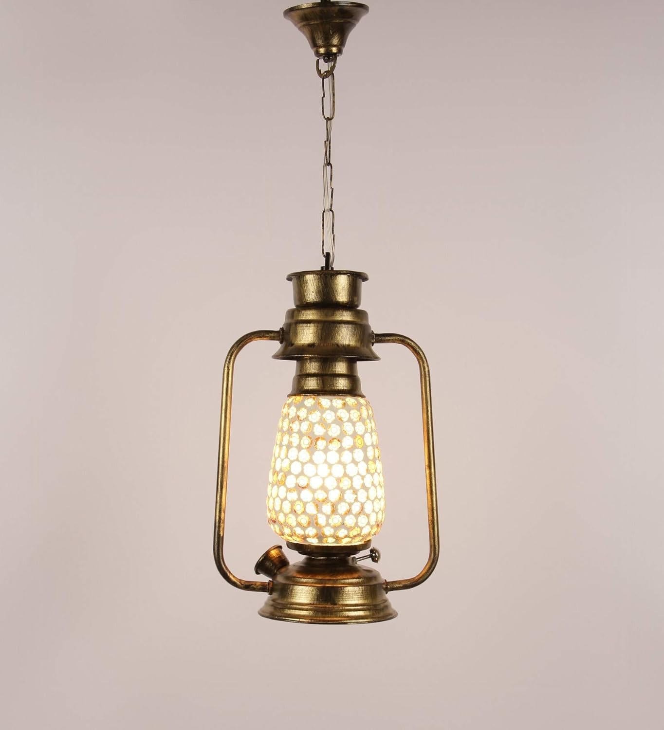 Golden Mosaic Glass Lantern Hanging (Multicolor)