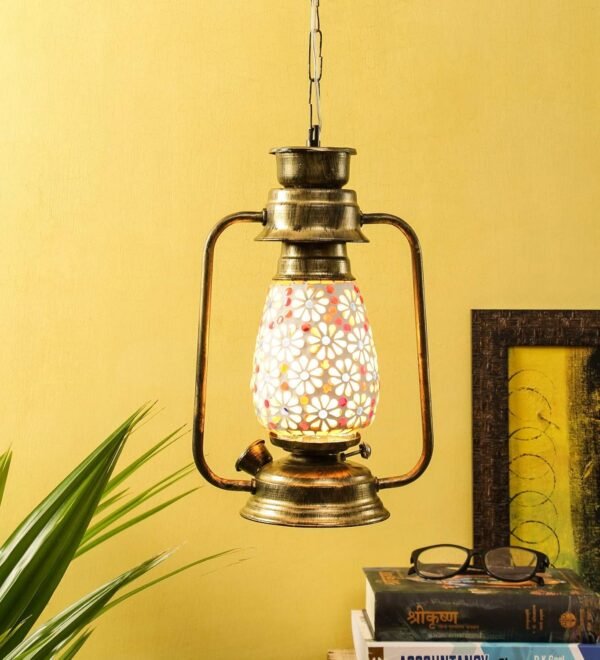 Gold Mosaic Glass Lantern Hanging (Multicolor)