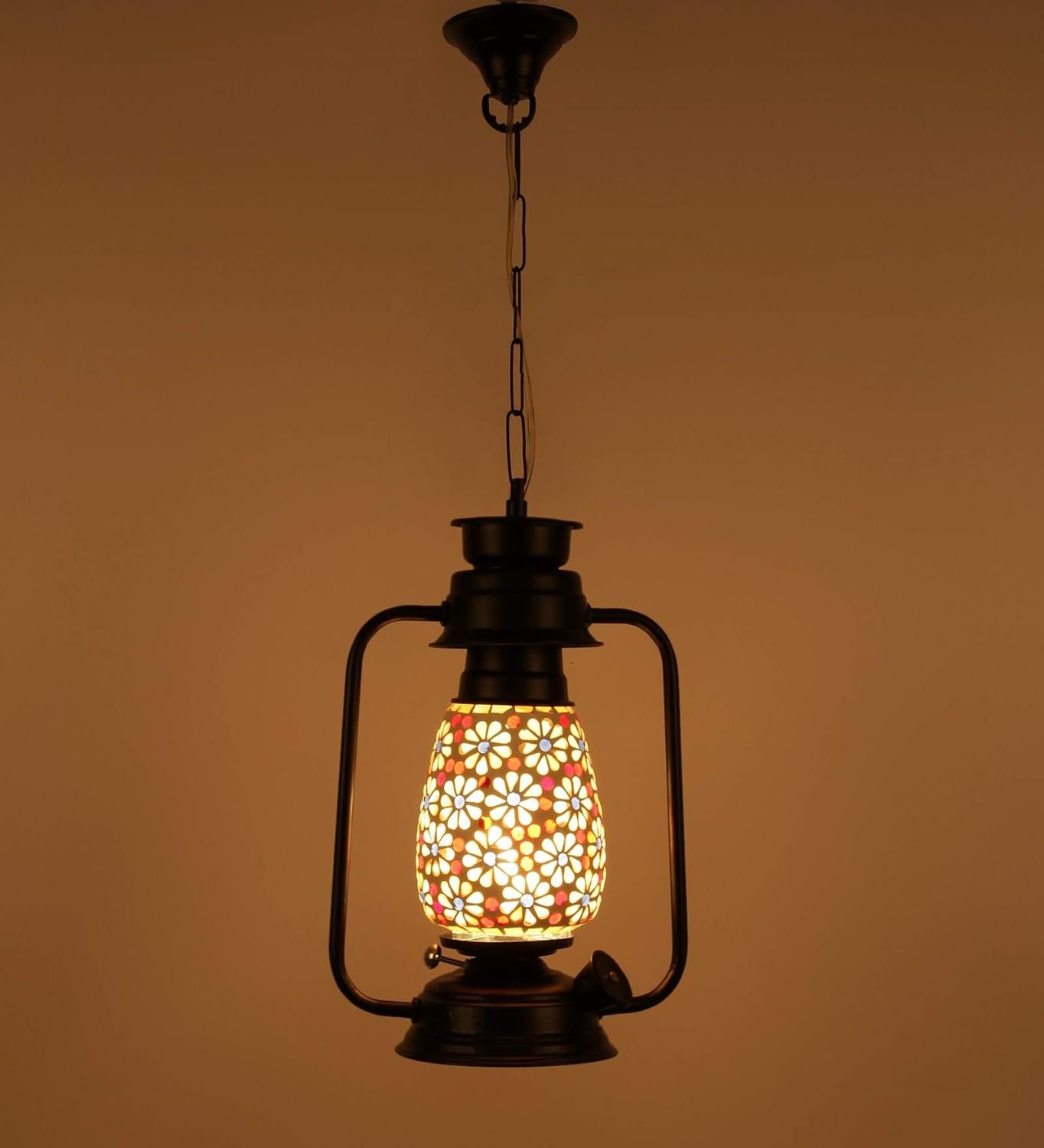Black Mosaic Glass Lantern Hanging (Multicolor)