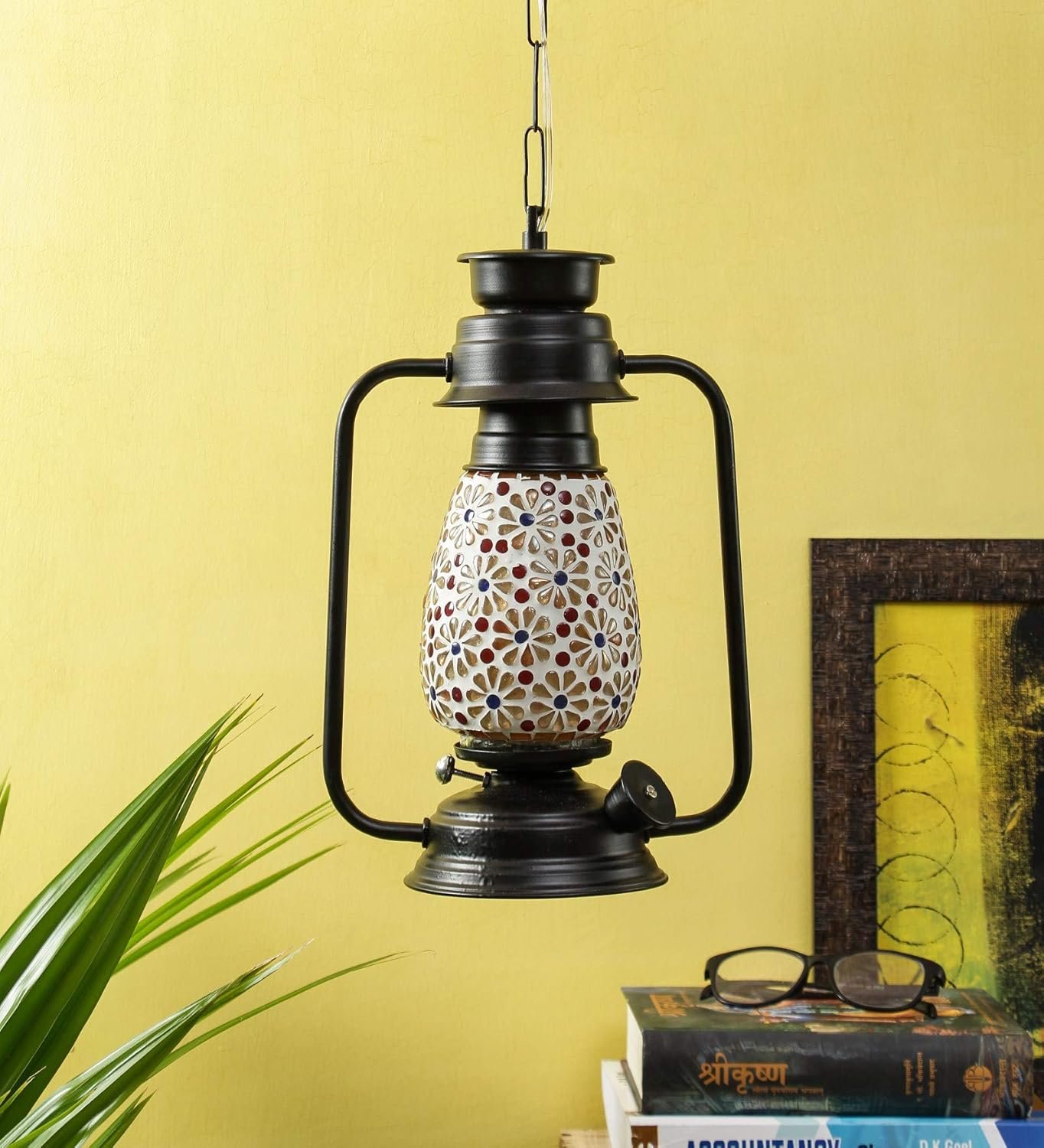 Black Mosaic Glass Lantern Hanging (Multicolor)