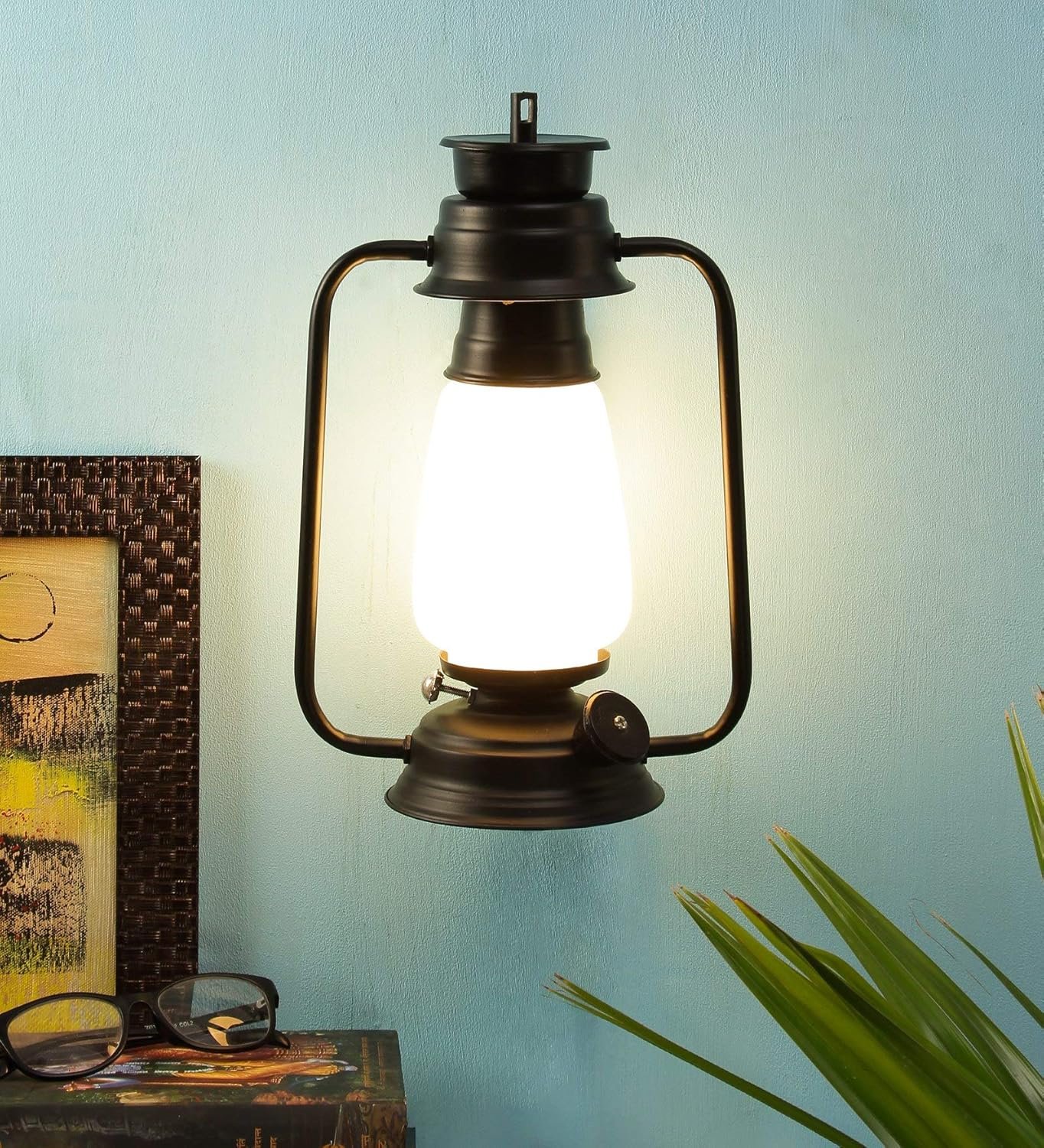 Black Milky Glass Lantern Wall Mounted Lamp (White)