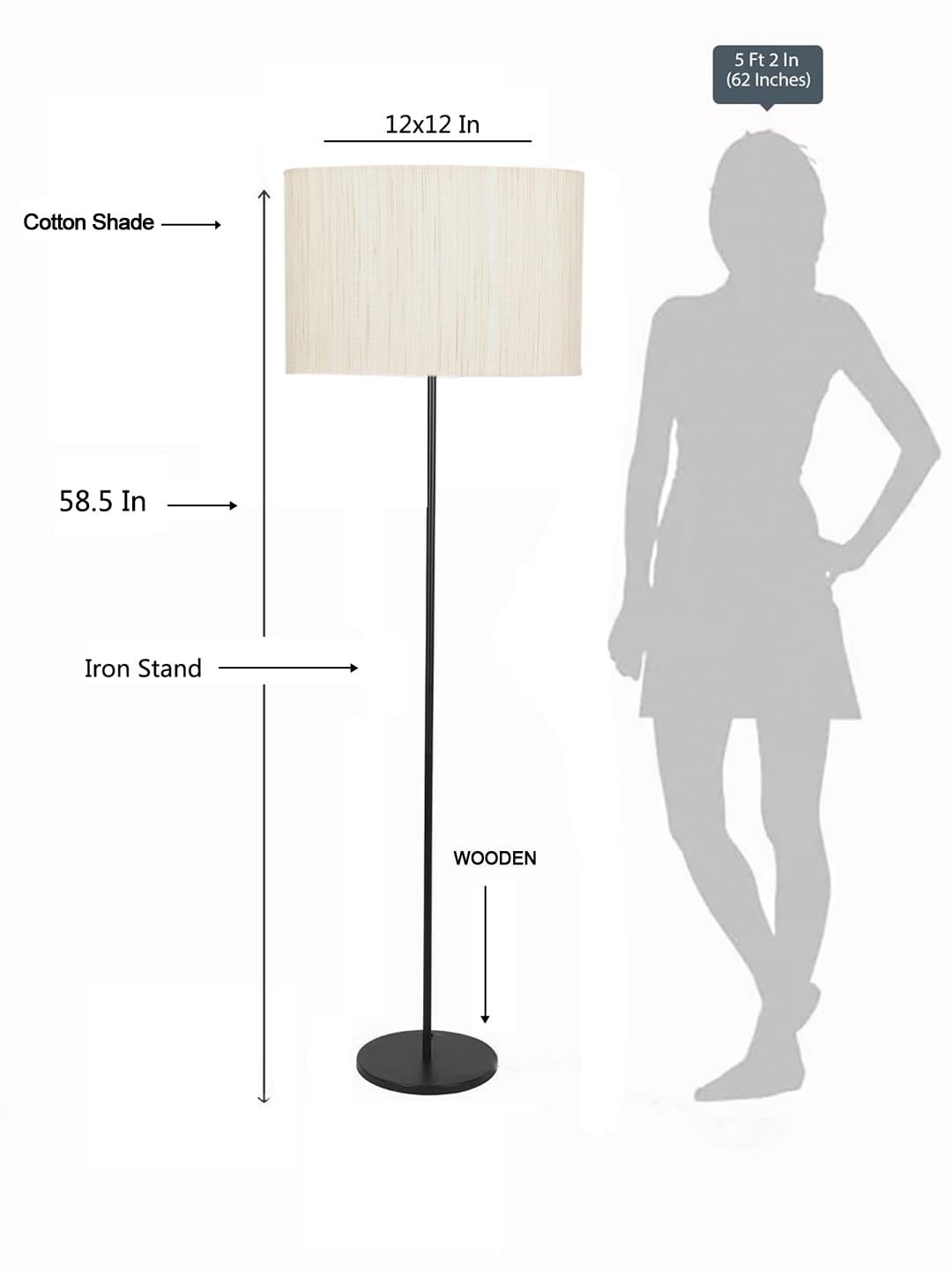 Off-White Cotton Drum Shade with Iron Floor lamp with Wood Base for Decoration/Office/Home/Gifting/Study .-(12x12x58.5 Inches)