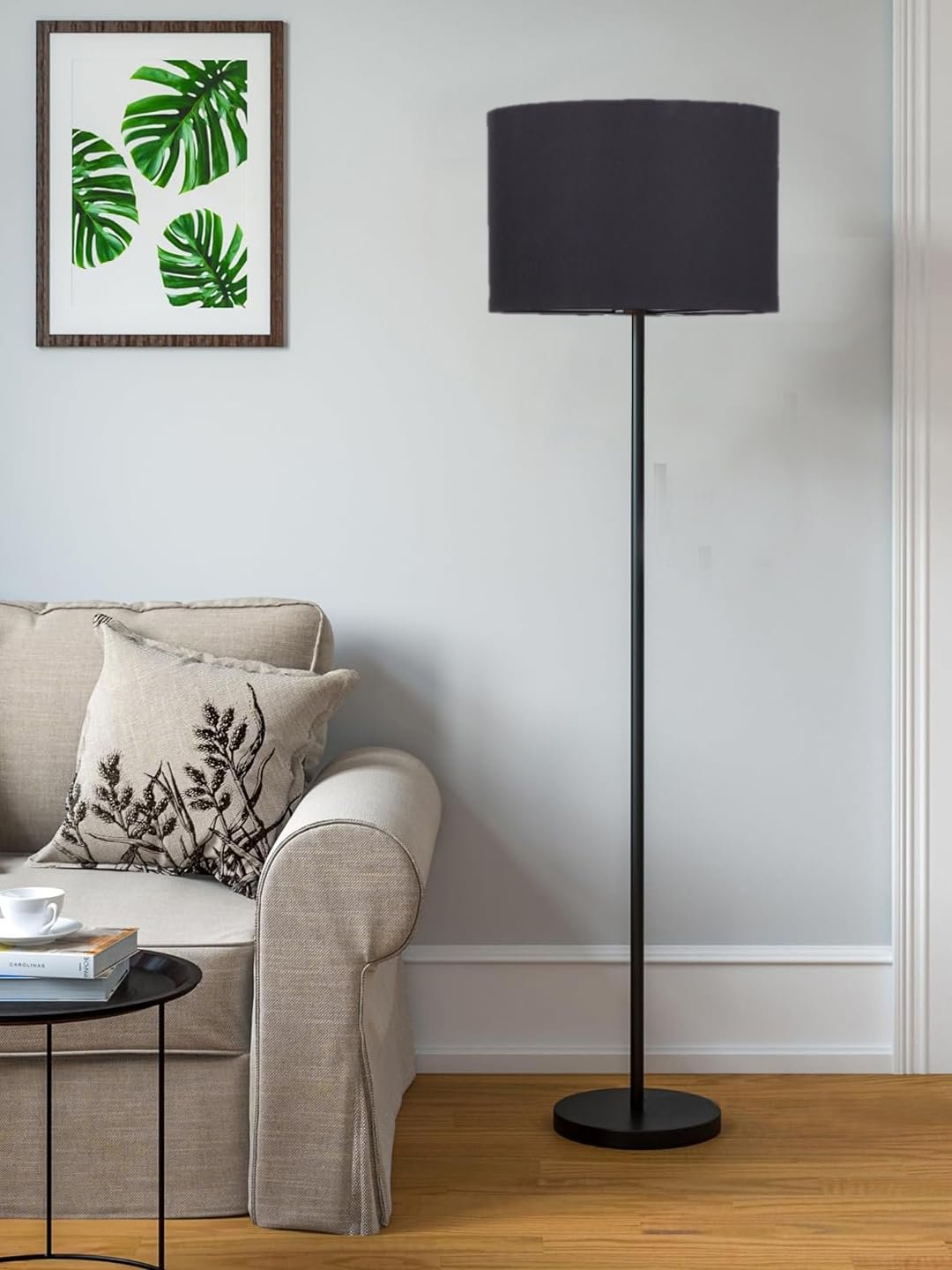 Black Cotton Drum Shade with Iron Floor lamp with Wood Base for Decoration/Office/Home/Gifting/Study .-(12x12x58.5 Inches)