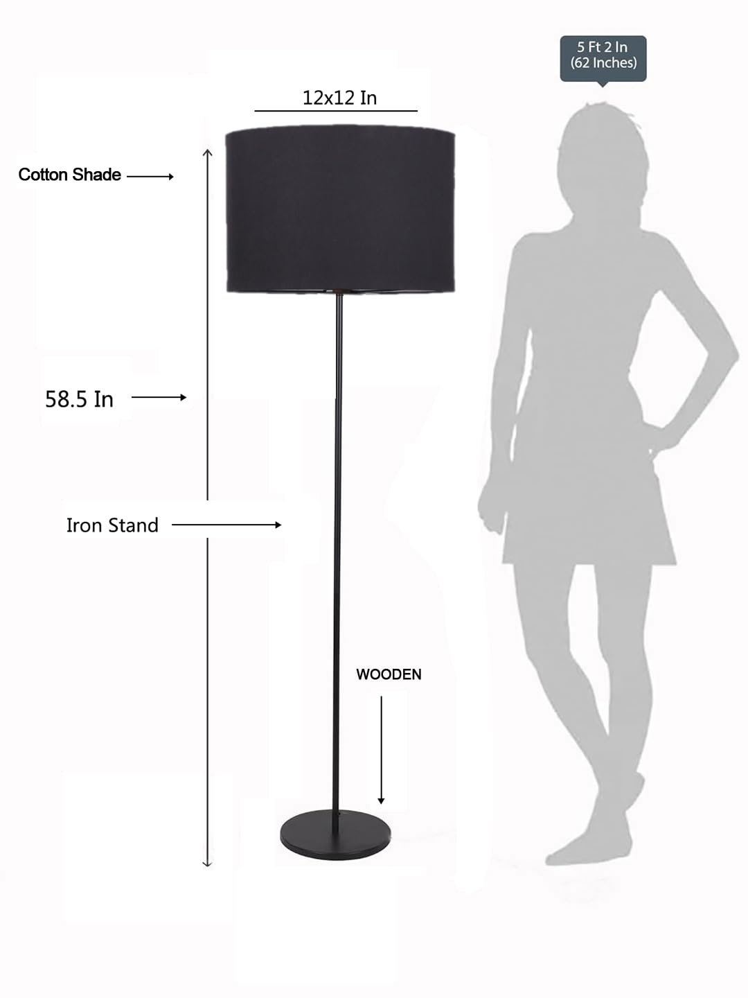 Black Cotton Drum Shade with Iron Floor lamp with Wood Base for Decoration/Office/Home/Gifting/Study .-(12x12x58.5 Inches)