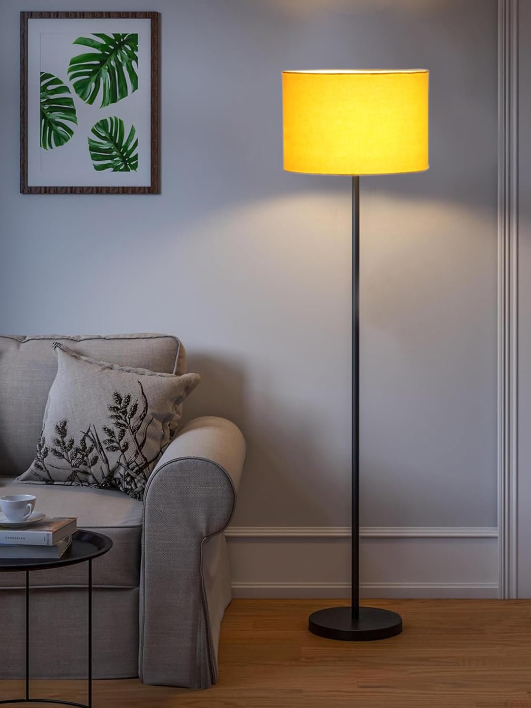 Yellow Cotton Drum Shade with Iron Floor lamp with Wood Base for Decoration/Office/Home/Gifting/Study .-(12x12x58.5 Inches)
