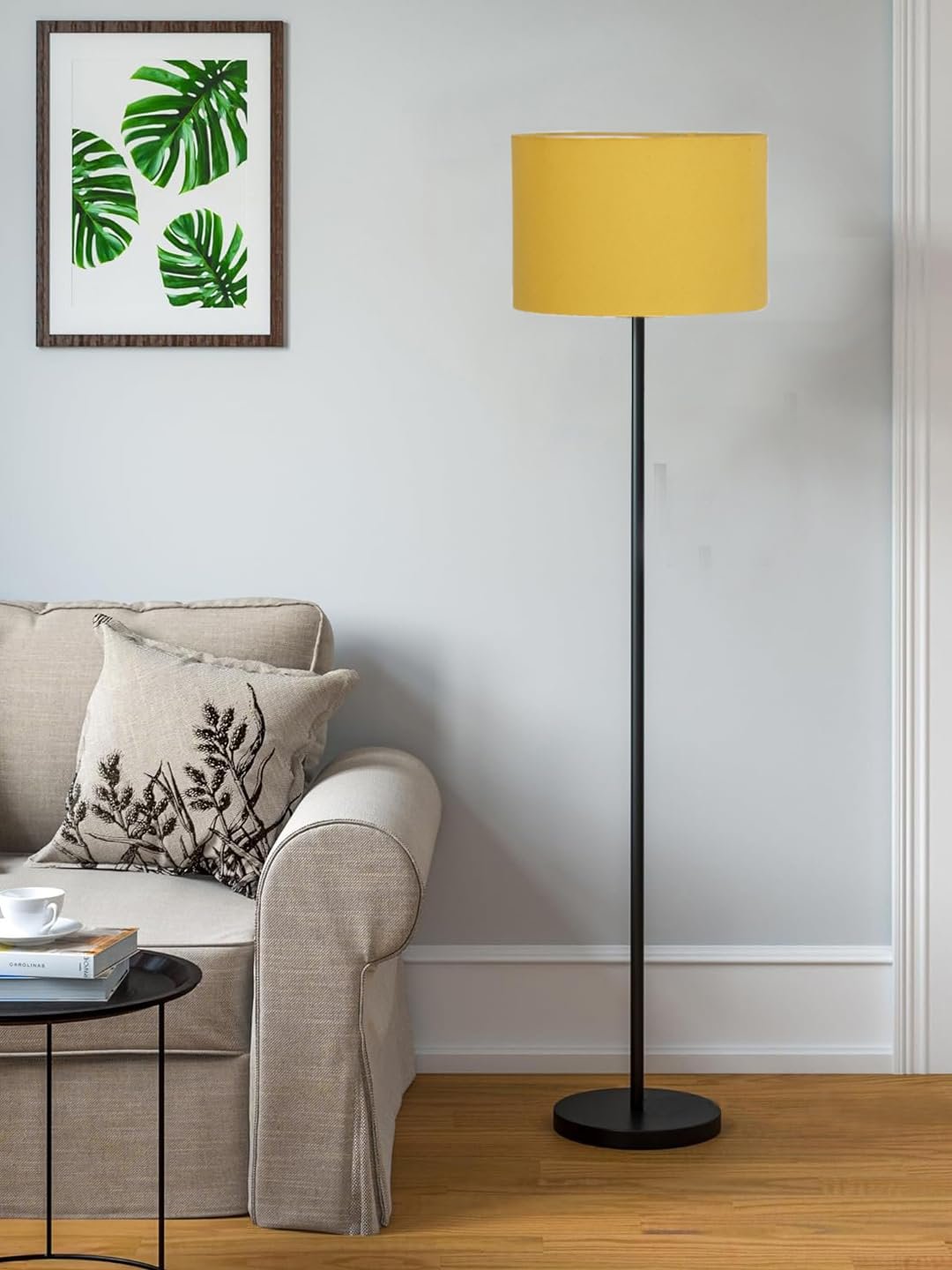 Yellow Cotton Drum Shade with Iron Floor lamp with Wood Base for Decoration/Office/Home/Gifting/Study .-(12x12x58.5 Inches)