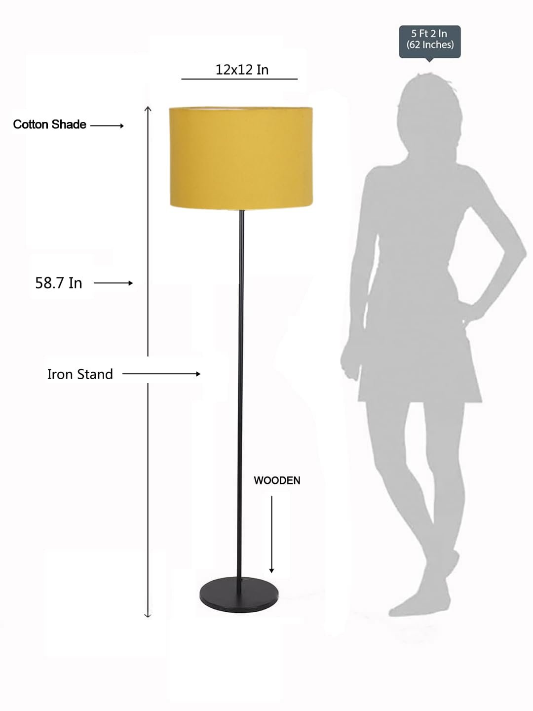 Yellow Cotton Drum Shade with Iron Floor lamp with Wood Base for Decoration/Office/Home/Gifting/Study .-(12x12x58.5 Inches)