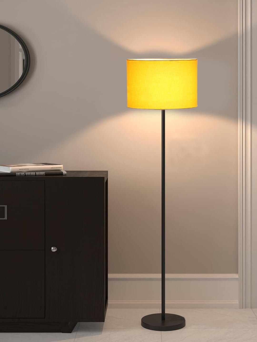 Yellow Cotton Drum Shade with Iron Floor lamp with Wood Base for Decoration/Office/Home/Gifting/Study .-(12x12x58.5 Inches)