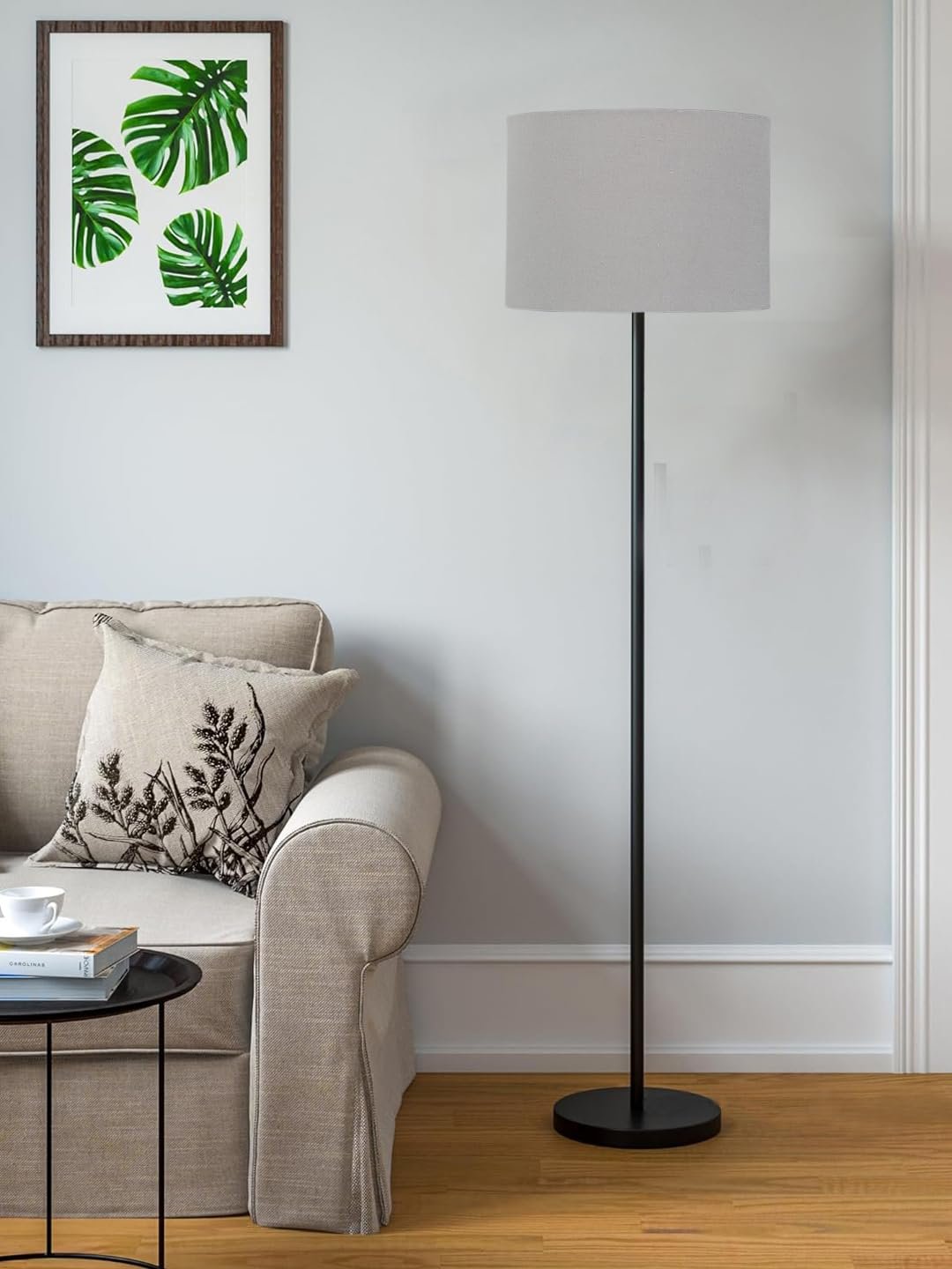 Grey Cotton Drum Shade with Iron Floor lamp with Wood Base for Decoration/Office/Home/Gifting/Study .-(12x12x58.5 Inches)