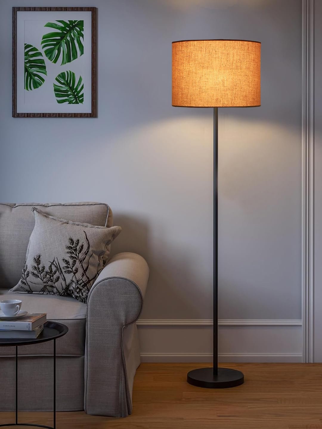 Grey Cotton Drum Shade with Iron Floor lamp with Wood Base for Decoration/Office/Home/Gifting/Study .-(12x12x58.5 Inches)