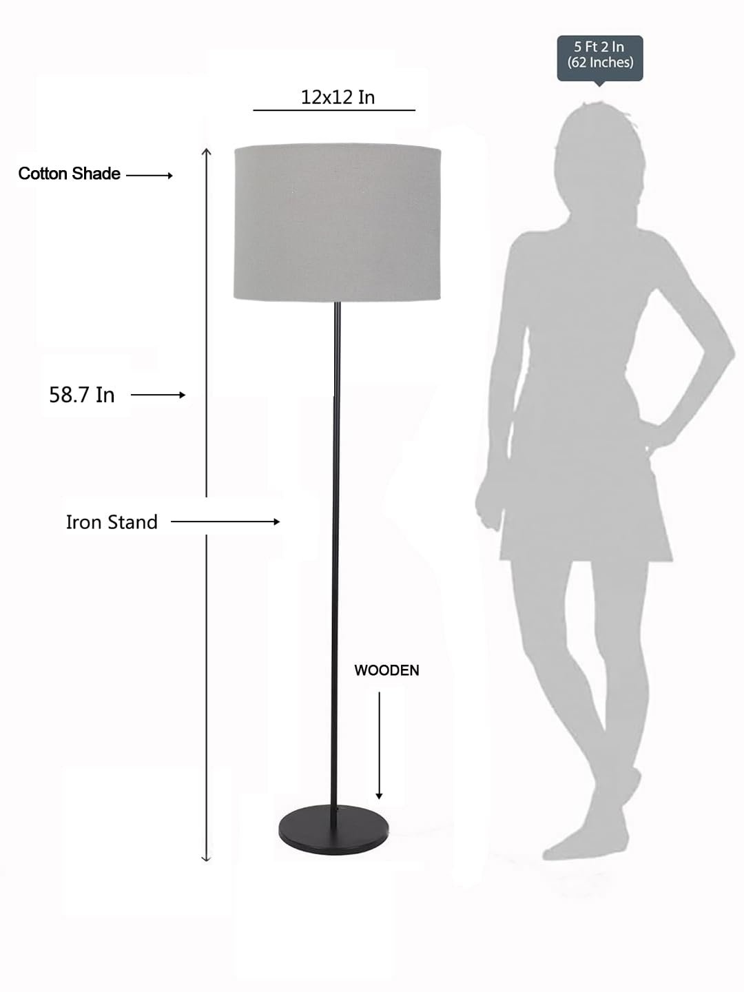 Grey Cotton Drum Shade with Iron Floor lamp with Wood Base for Decoration/Office/Home/Gifting/Study .-(12x12x58.5 Inches)