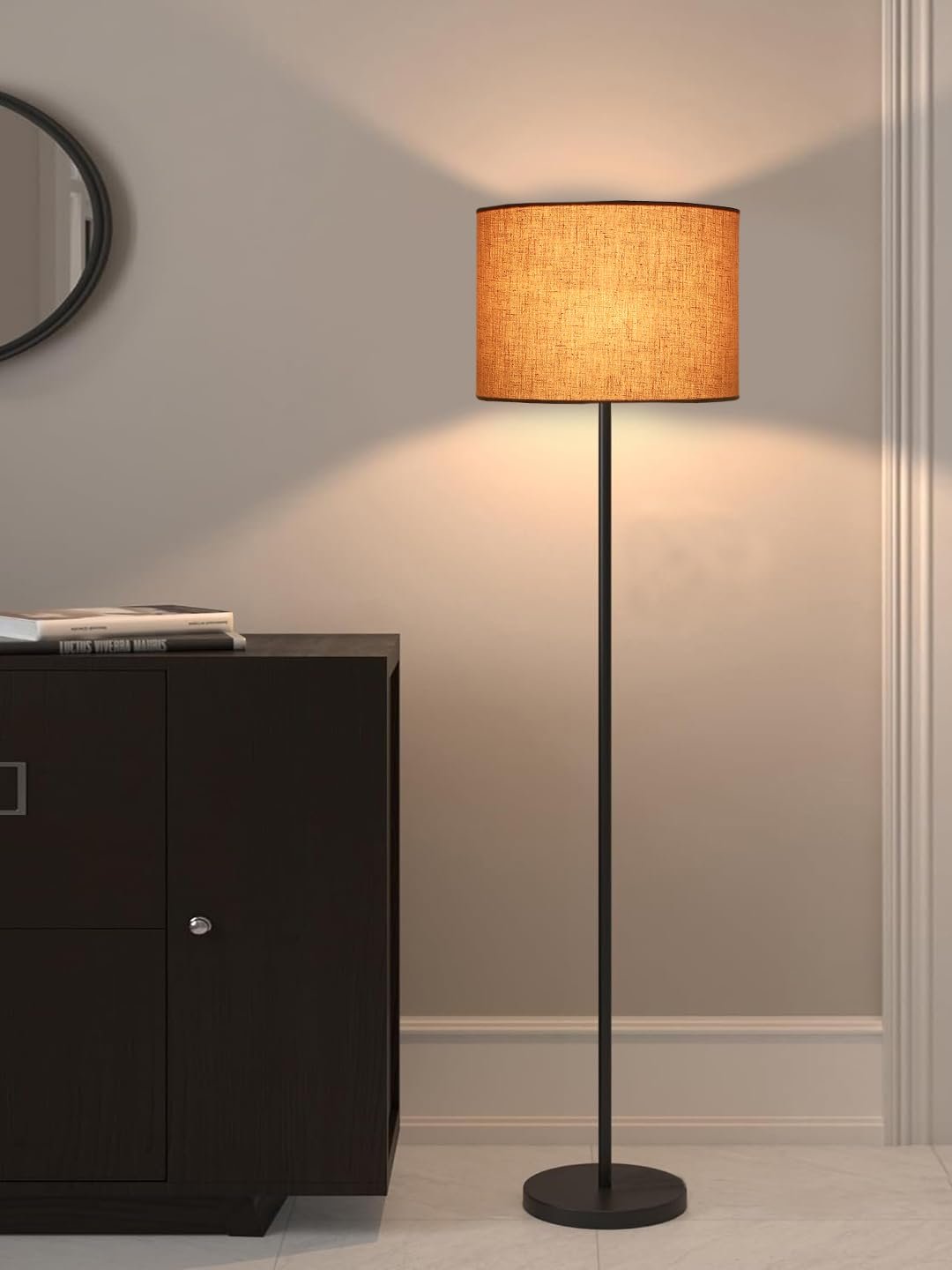 Grey Cotton Drum Shade with Iron Floor lamp with Wood Base for Decoration/Office/Home/Gifting/Study .-(12x12x58.5 Inches)