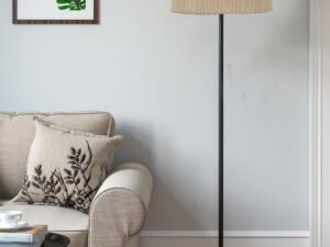 Beige Jute Drum Shade with Iron Floor lamp with Wood Base for Decoration/Office/Home/Gifting/Study .-(12x12x58.5 Inches)
